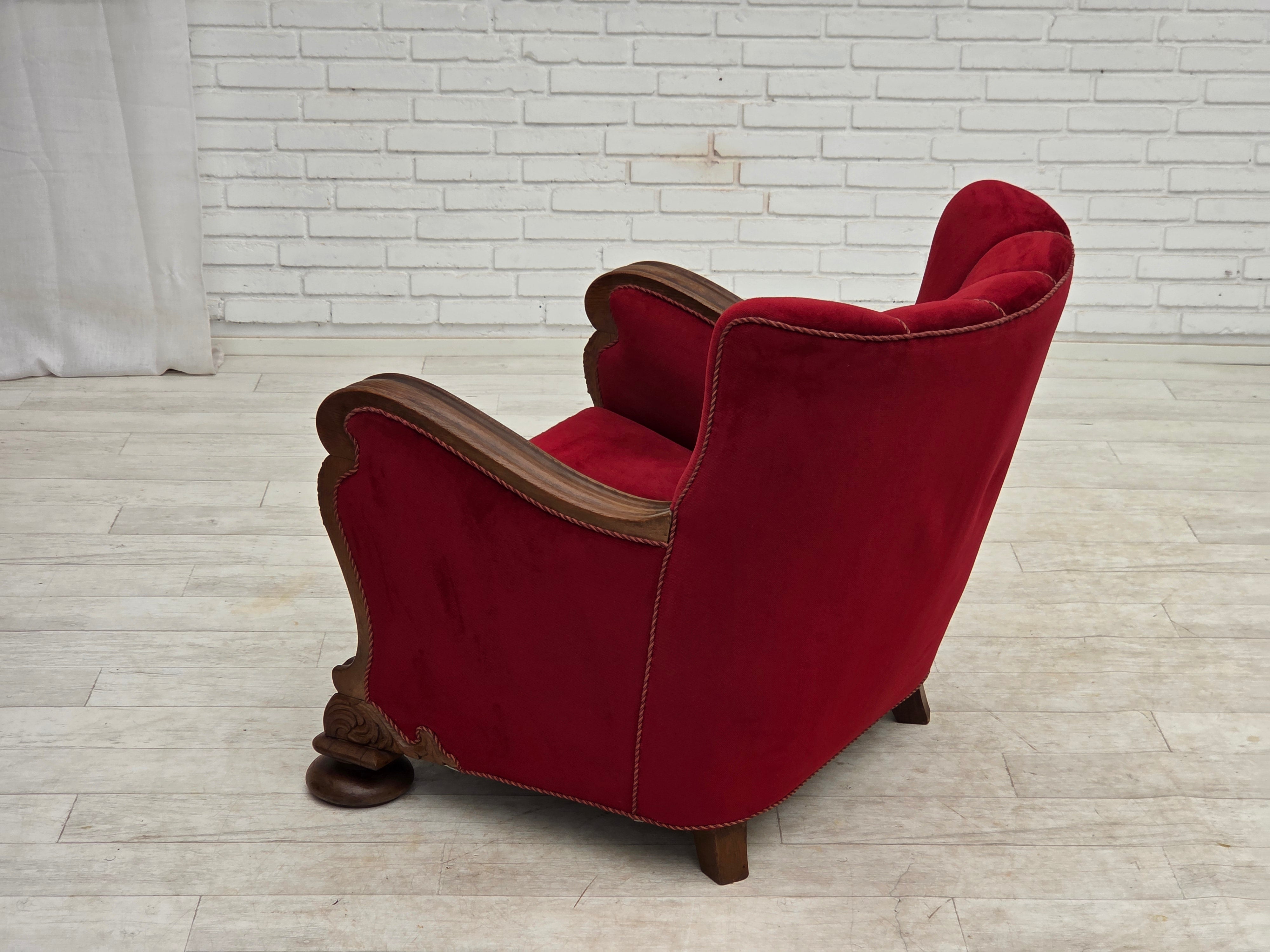 Danish_Red_Velour_Lounge_Chair_with_Carved_Oak_Frame,_1950s