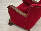 Danish_Red_Velour_Lounge_Chair_with_Carved_Oak_Frame,_1950s
