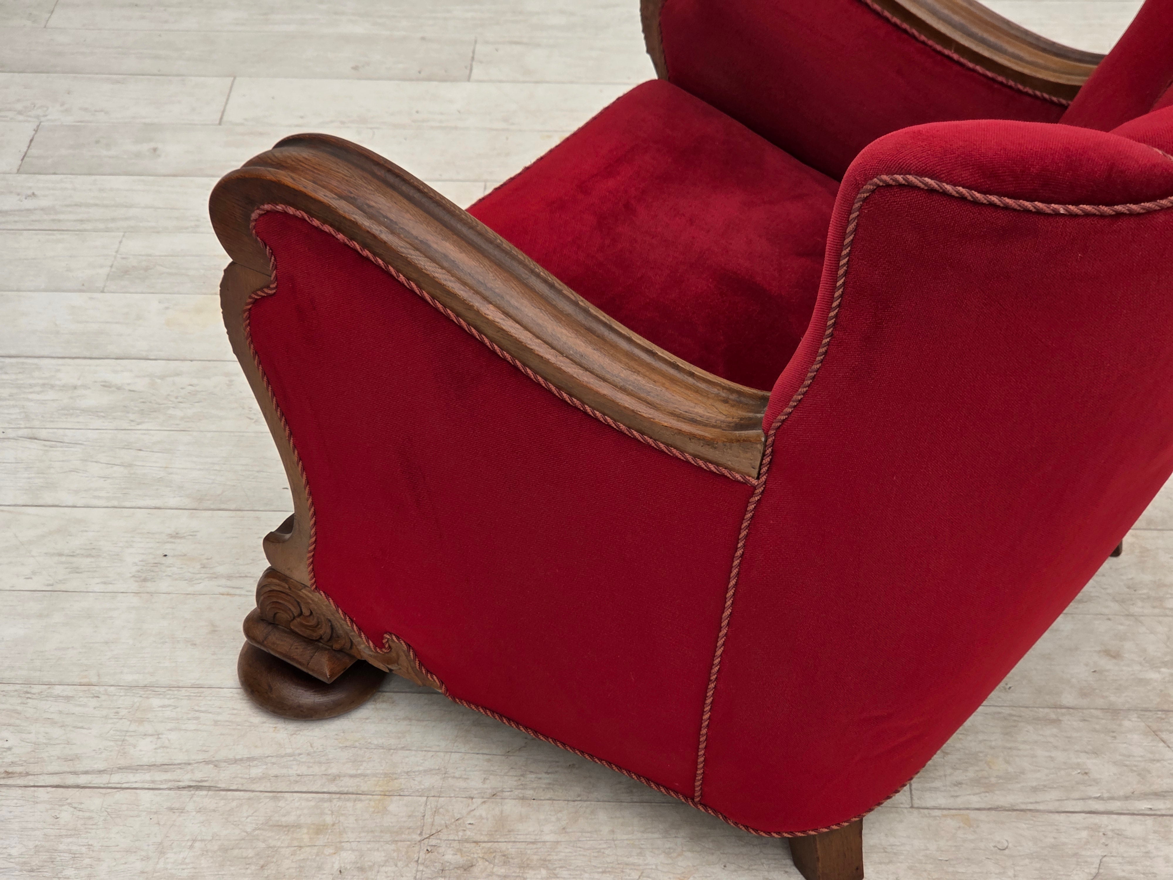 Danish_Red_Velour_Lounge_Chair_with_Carved_Oak_Frame,_1950s