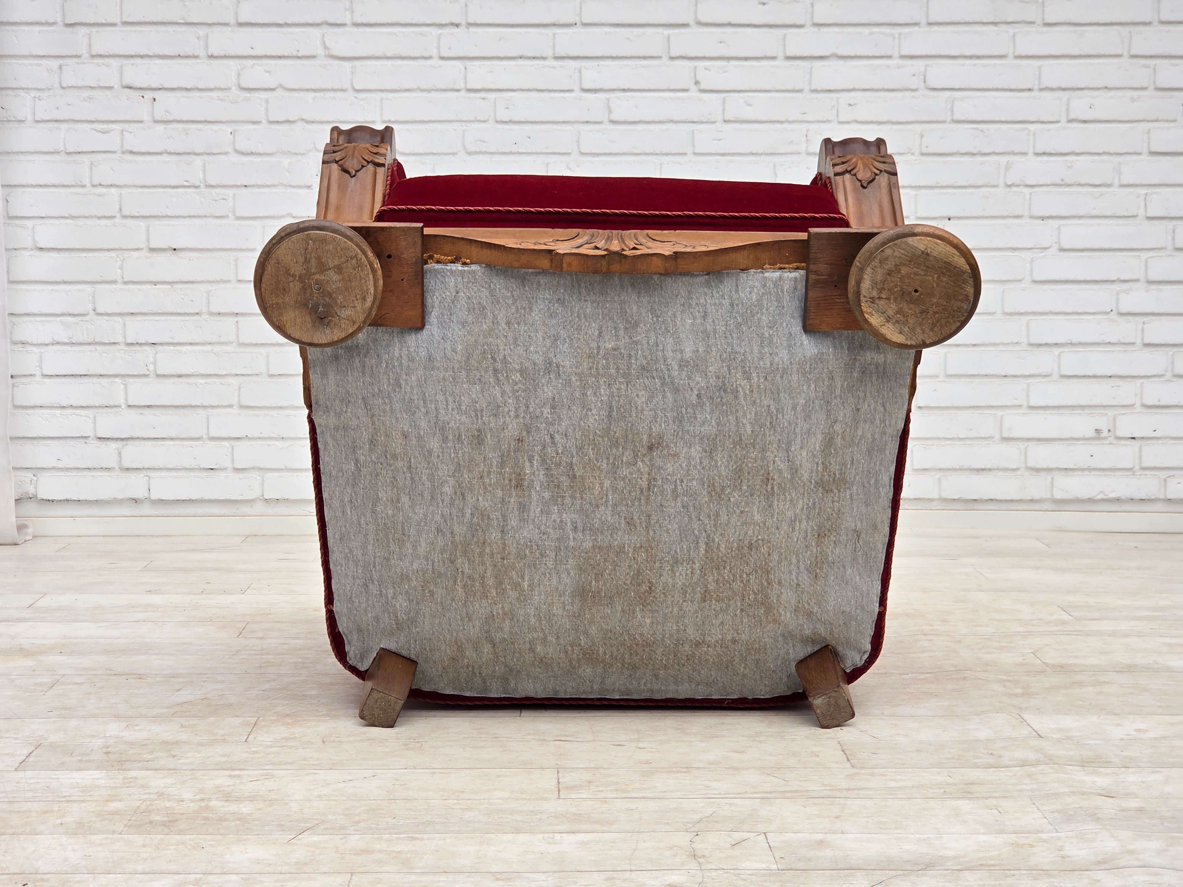 Danish_Red_Velour_Lounge_Chair_with_Carved_Oak_Frame,_1950s