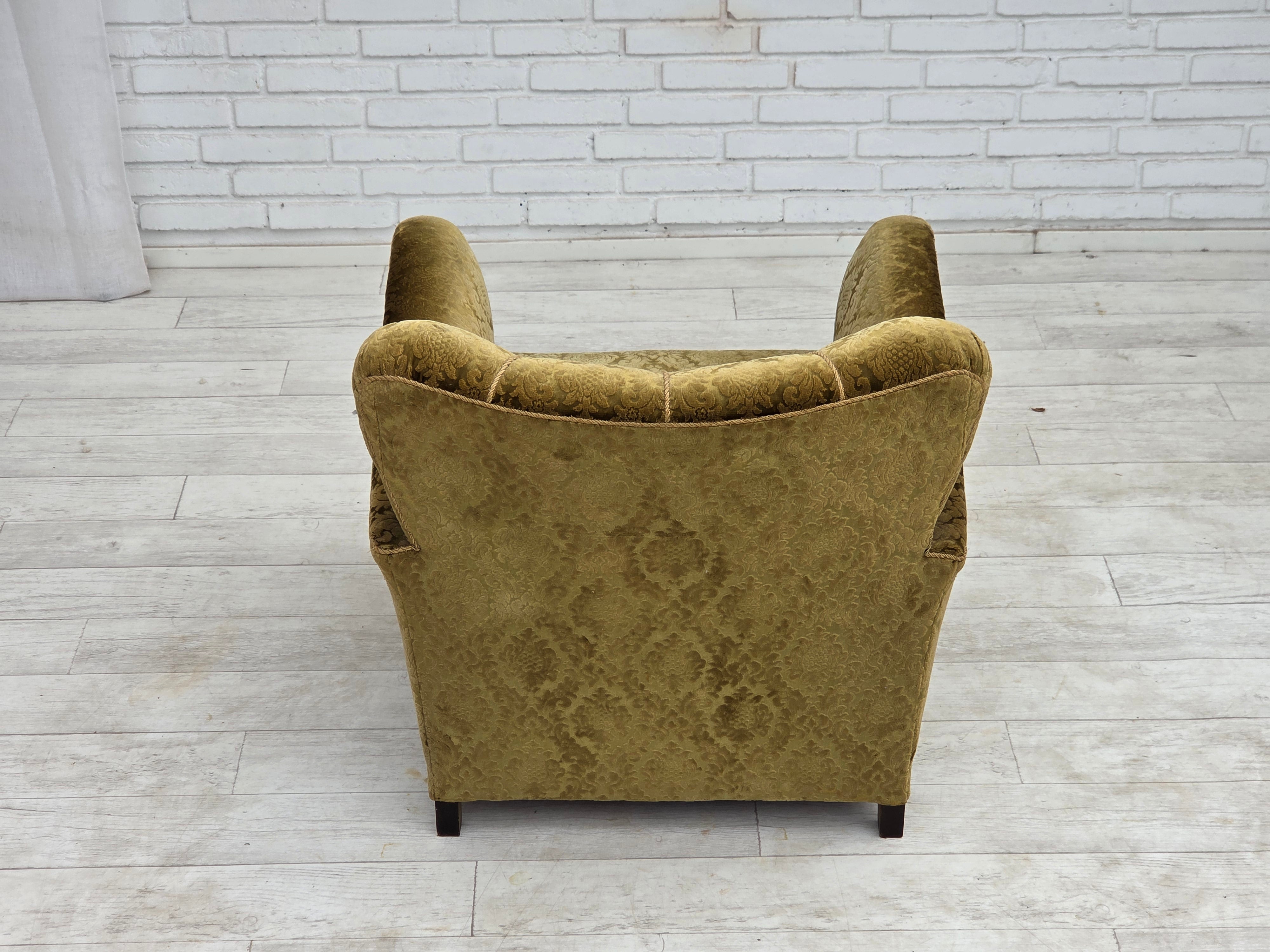 1950s_Danish_Relax_Chair_in_Green_Velour_with_Oak_Legs_and_Brass_Springs