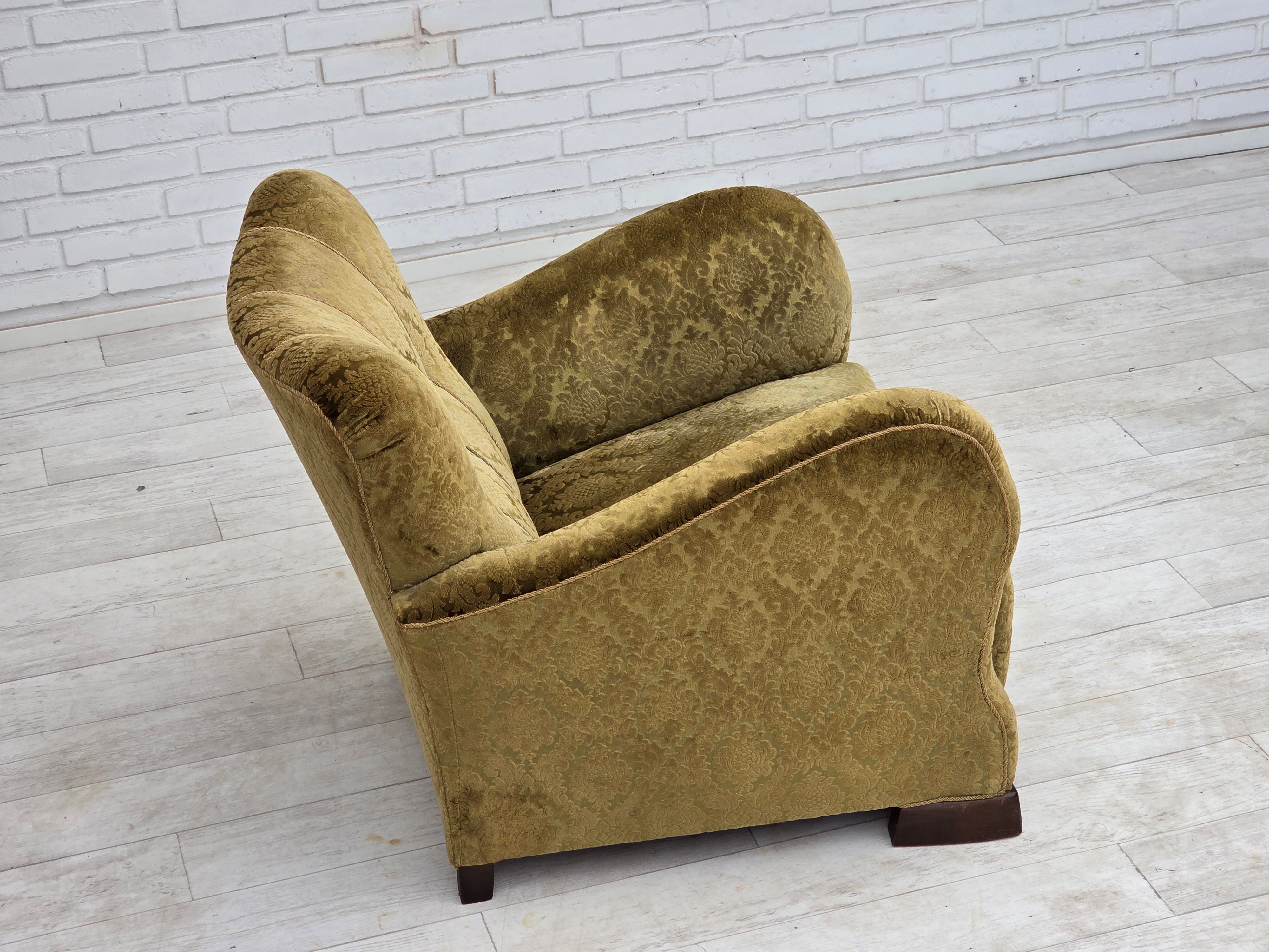 1950s_Danish_Relax_Chair_in_Green_Velour_with_Oak_Legs_and_Brass_Springs