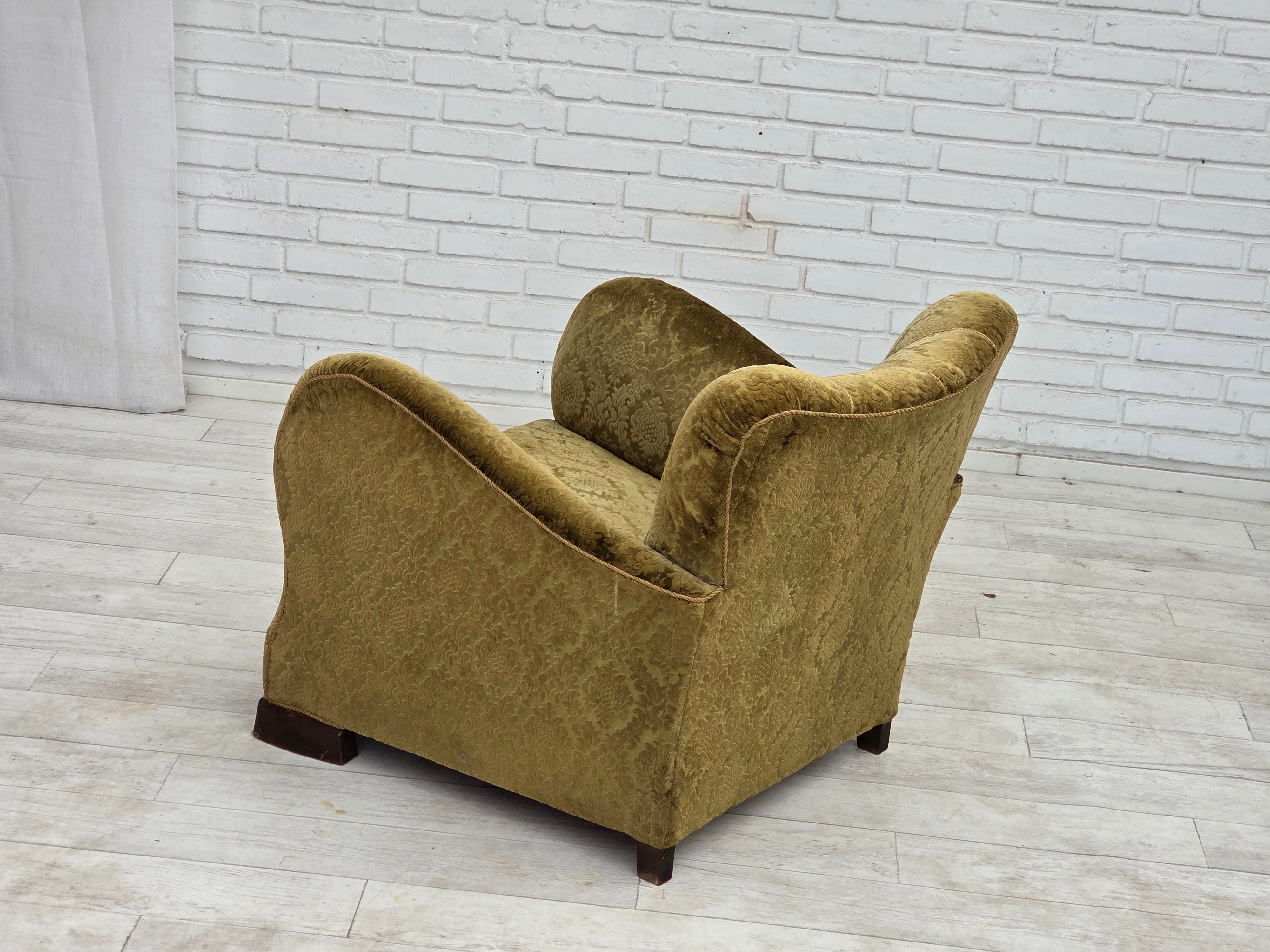 1950s_Danish_Relax_Chair_in_Green_Velour_with_Oak_Legs_and_Brass_Springs