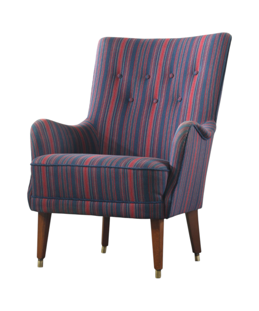 1950s_Mid-Century_Modern_Wingback_Armchair_with_Striped_Upholstery,_Button-Tufted_Back_and_Teak_Legs