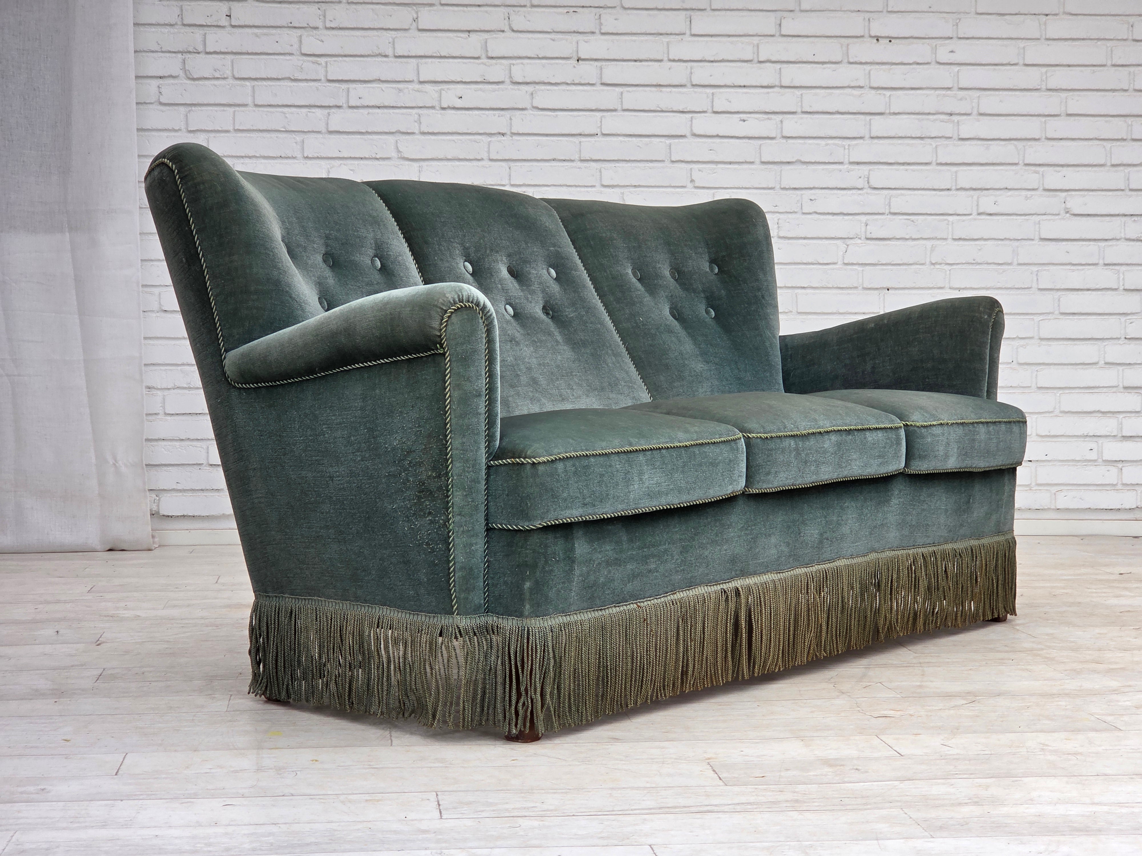 Danish_Green_Velour_3-Seater_Sofa_with_Oak_Legs,_1960s