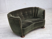 1960s_Danish_Curved_2-Seater_Sofa_in_Green_Striped_Velour_with_Oak_Legs