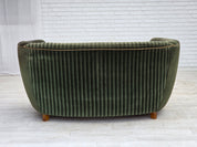 1960s_Danish_Curved_2-Seater_Sofa_in_Green_Striped_Velour_with_Oak_Legs