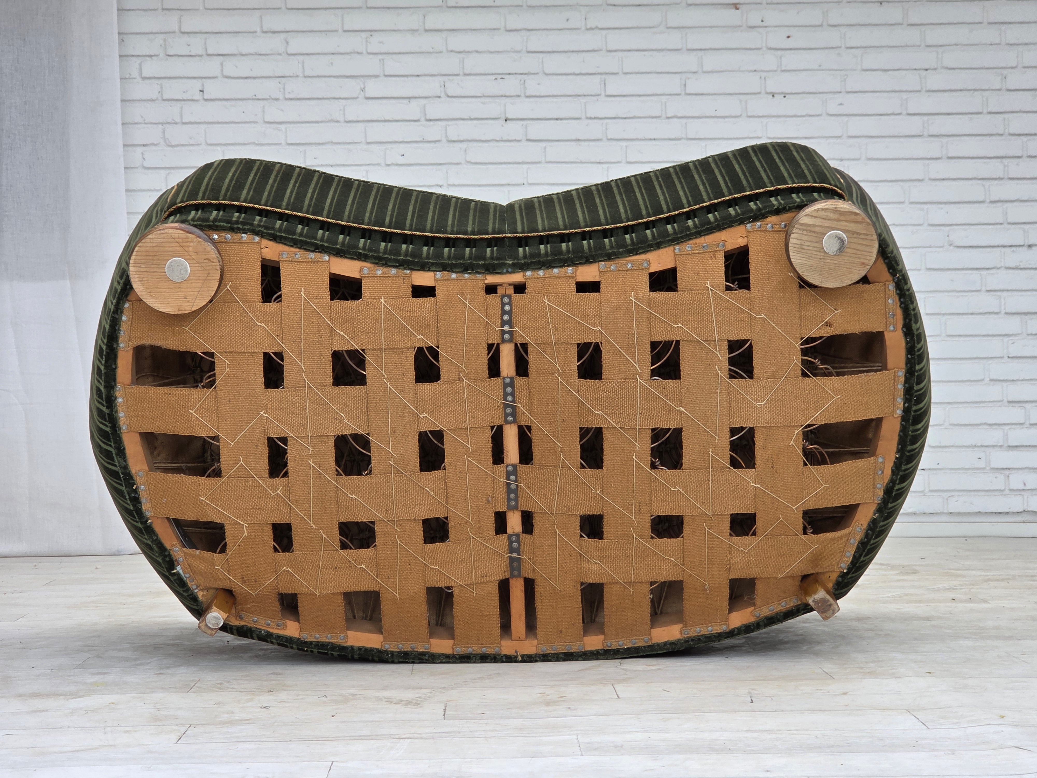 1960s_Danish_Curved_2-Seater_Sofa_in_Green_Striped_Velour_with_Oak_Legs