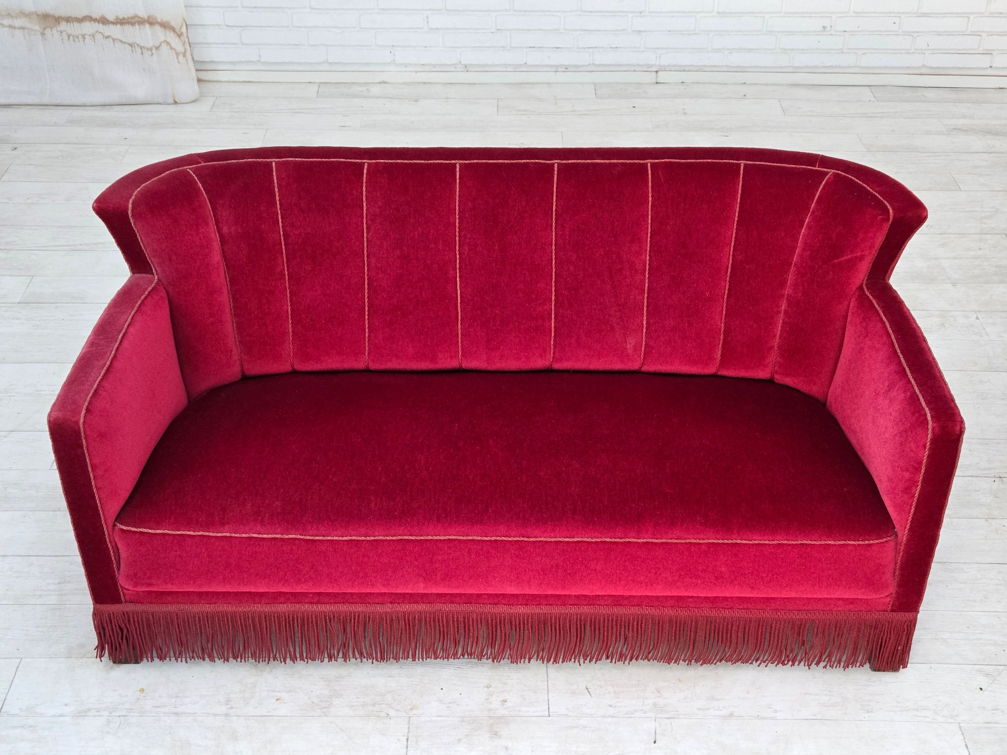 Danish_Mid-Century_Modern_Two-Seater_Sofa_in_Original_Red_Velour,_Ash_Wood_and_Brass,_Denmark,_1960s