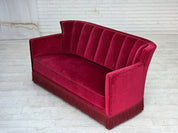 Danish_Mid-Century_Modern_Two-Seater_Sofa_in_Original_Red_Velour,_Ash_Wood_and_Brass,_Denmark,_1960s