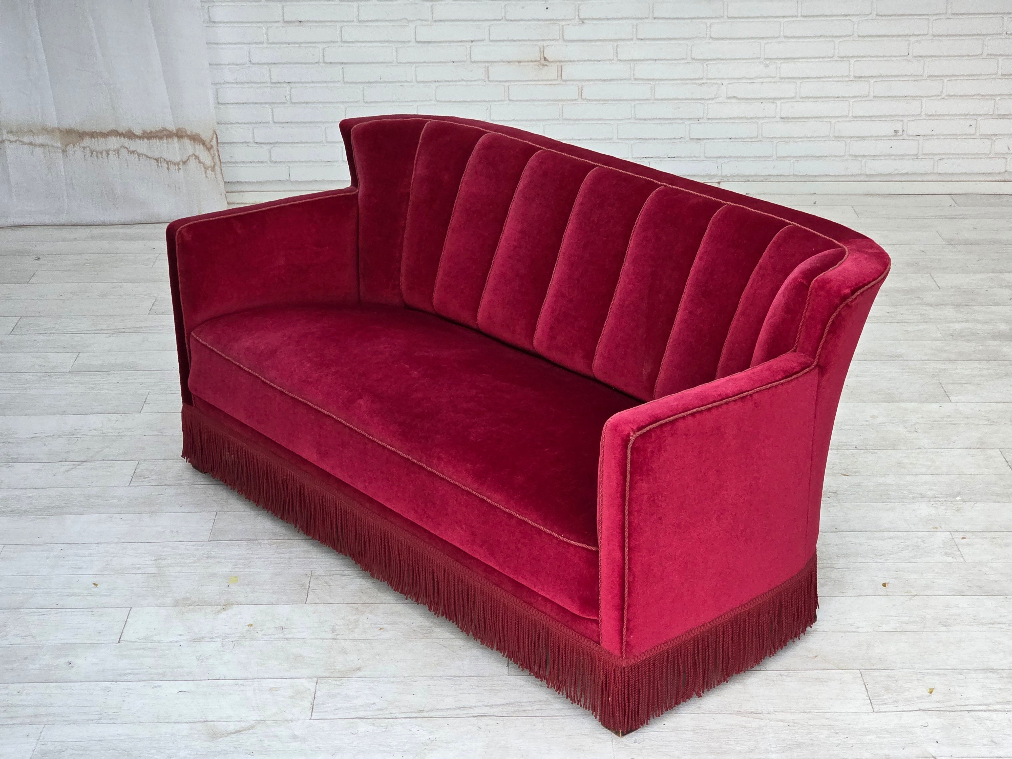 Danish_Mid-Century_Modern_Two-Seater_Sofa_in_Original_Red_Velour,_Ash_Wood_and_Brass,_Denmark,_1960s