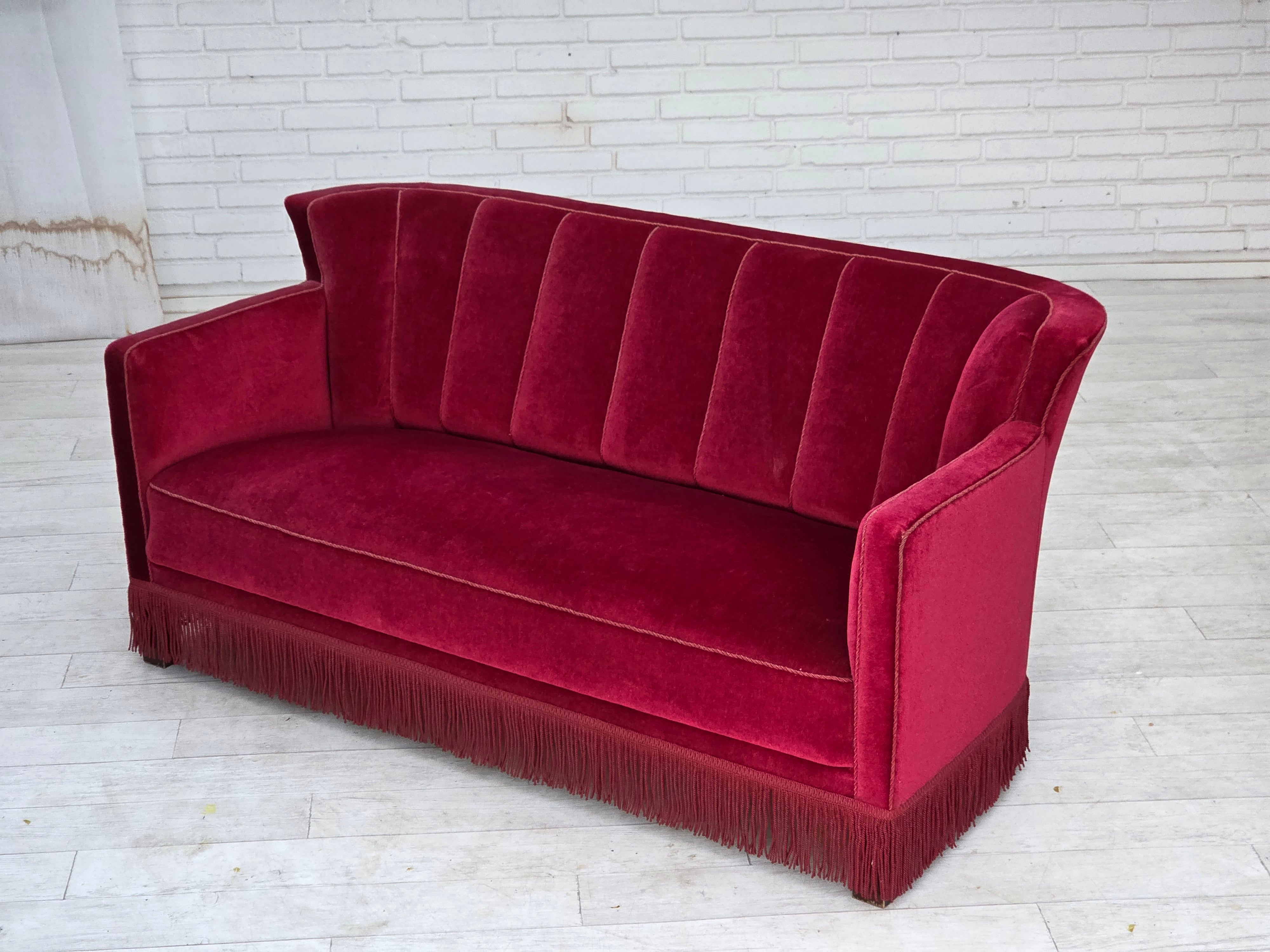 Danish_Mid-Century_Modern_Two-Seater_Sofa_in_Original_Red_Velour,_Ash_Wood_and_Brass,_Denmark,_1960s