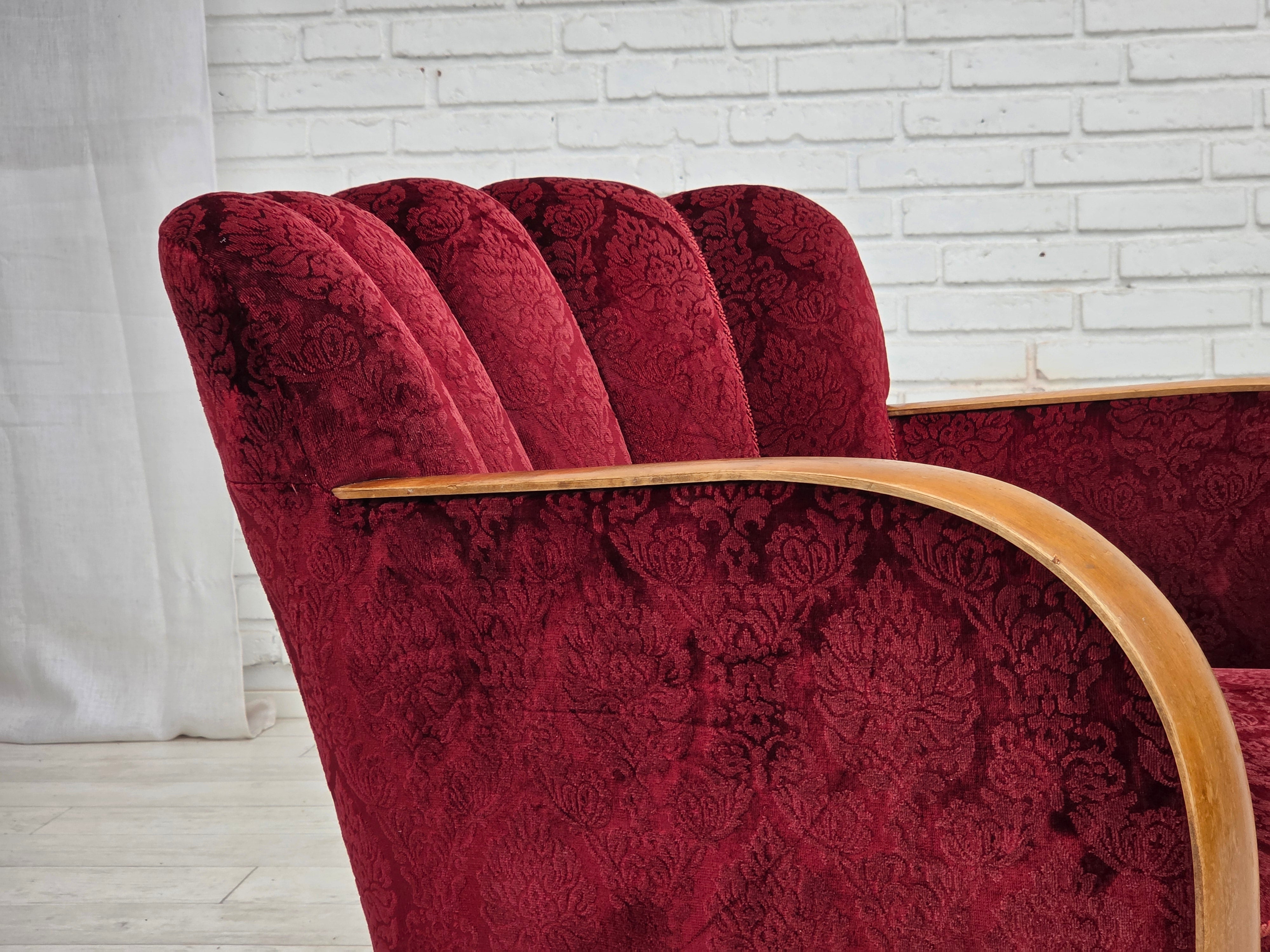 Danish_Cherry_Red_Velour_Lounge_Chair_with_Bent_Beechwood_Frame,_1960s
