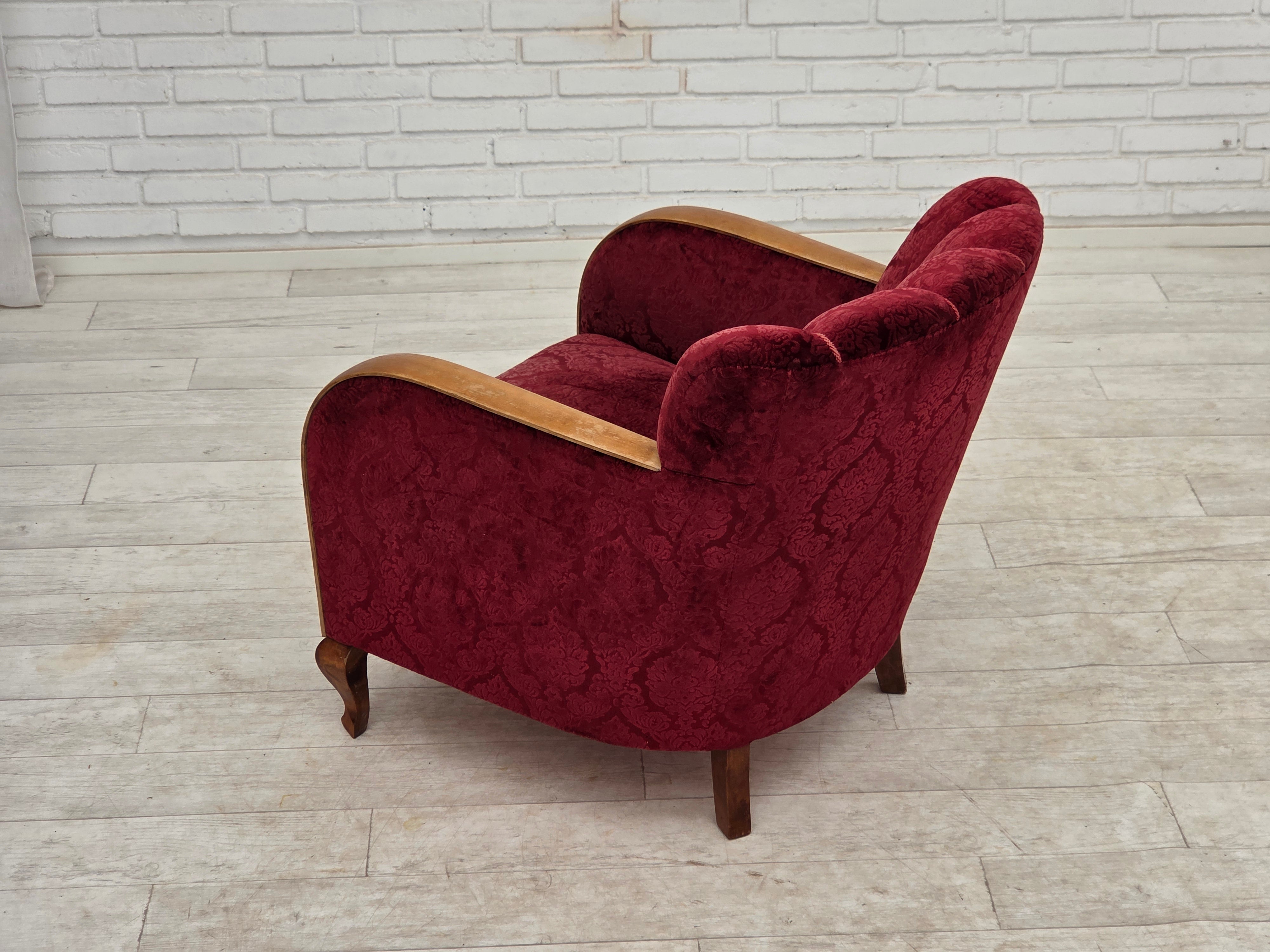 Danish_Cherry_Red_Velour_Lounge_Chair_with_Bent_Beechwood_Frame,_1960s