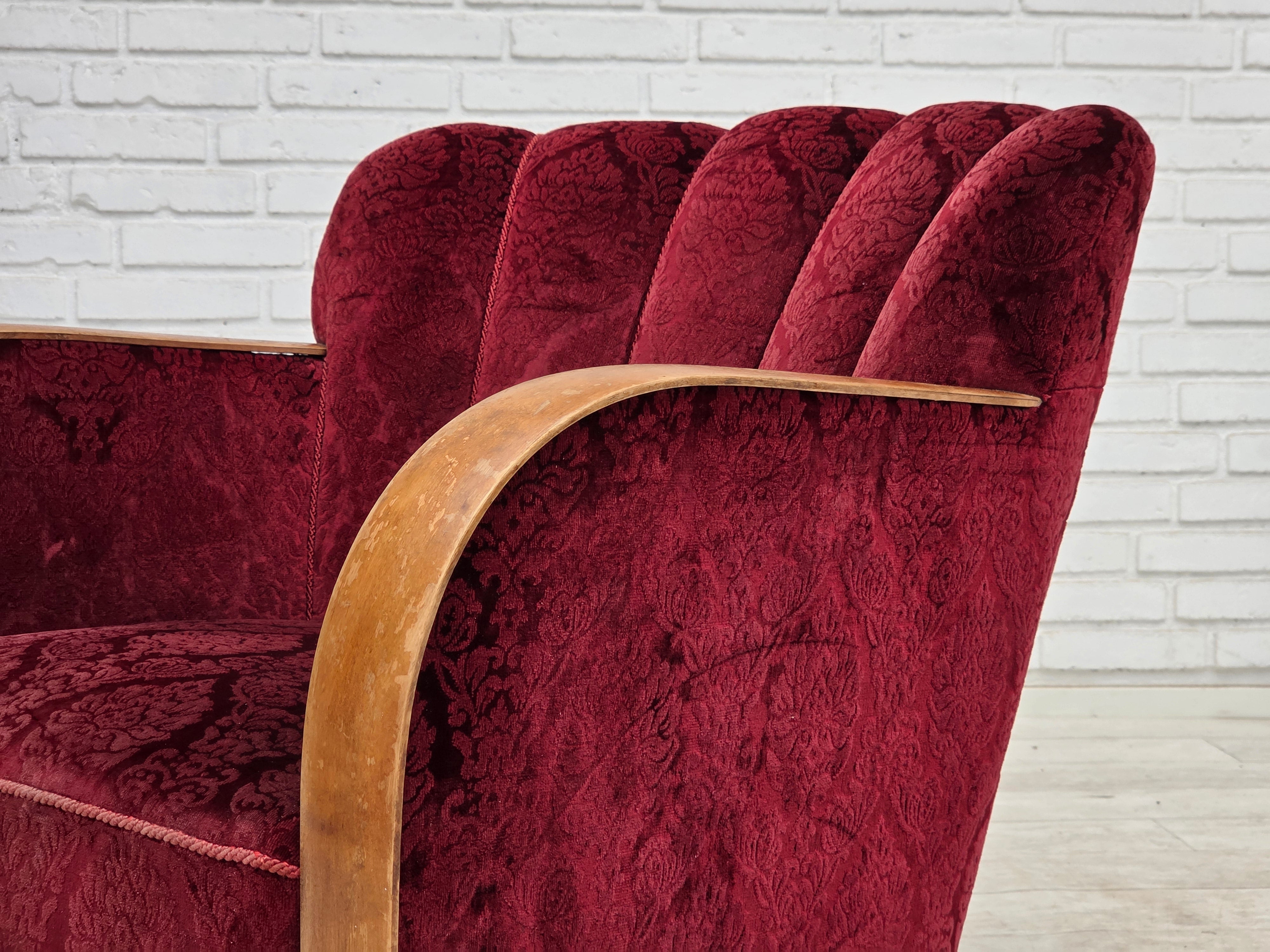 Danish_Cherry_Red_Velour_Lounge_Chair_with_Bent_Beechwood_Frame,_1960s