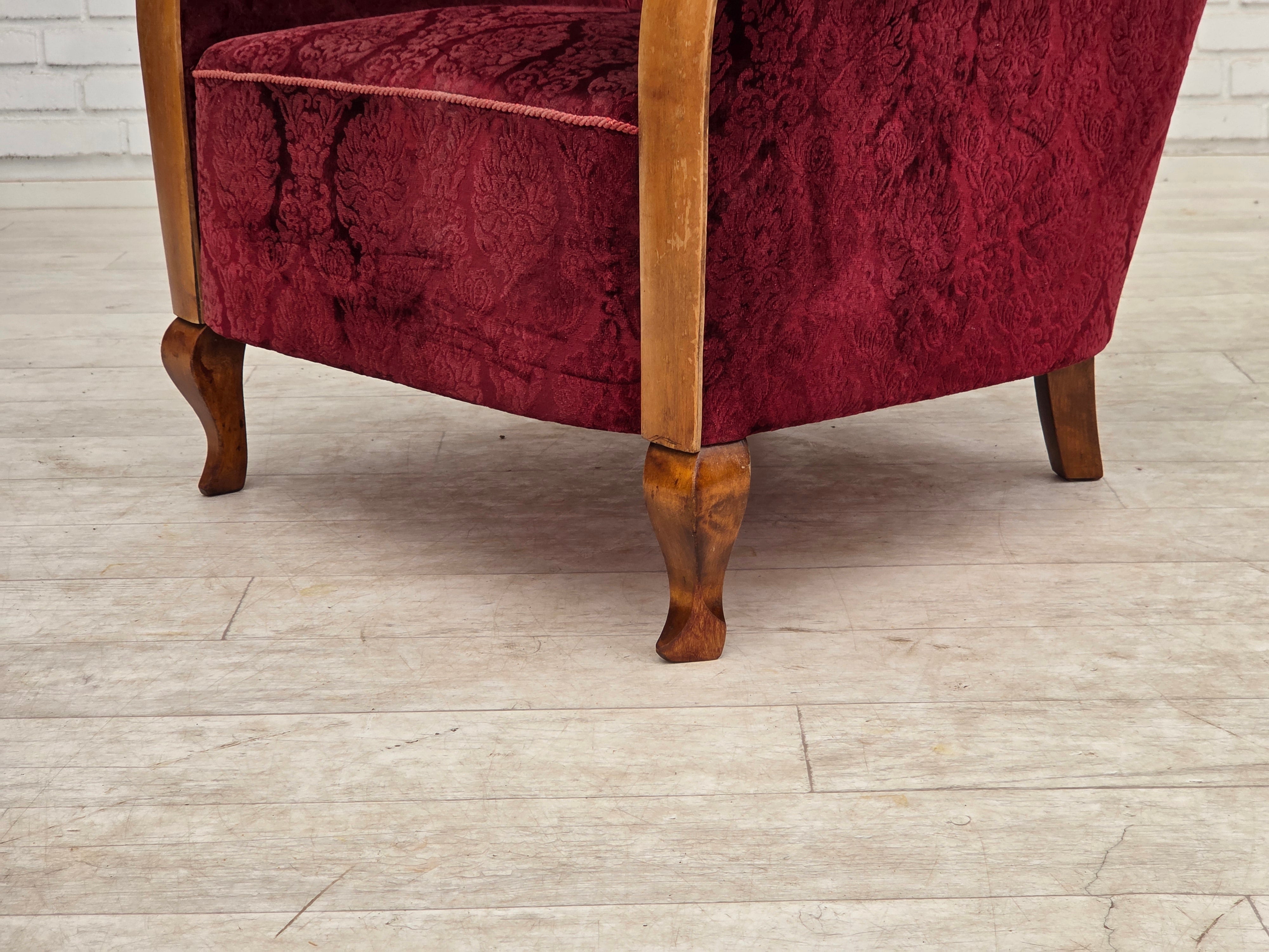 Danish_Cherry_Red_Velour_Lounge_Chair_with_Bent_Beechwood_Frame,_1960s