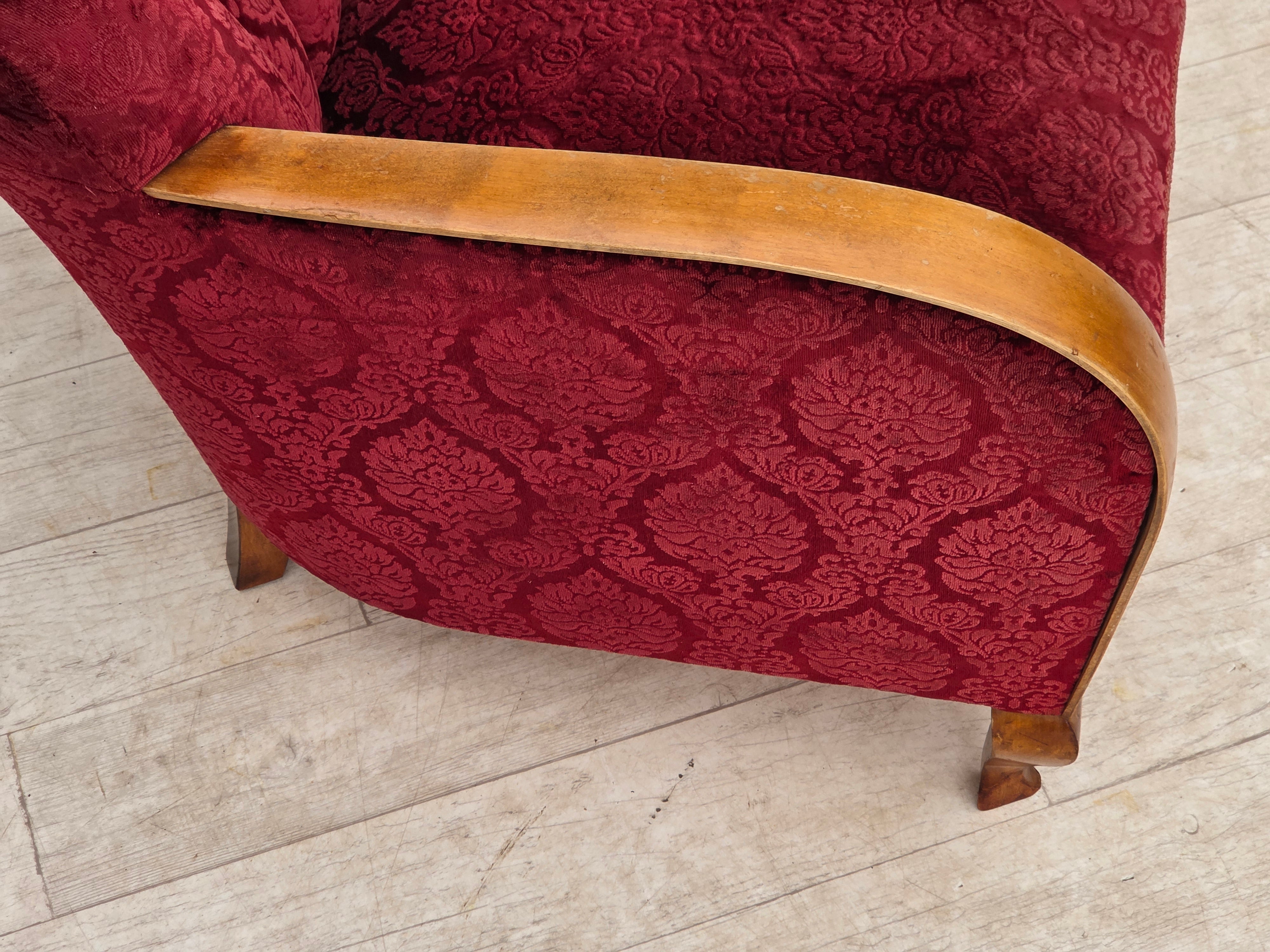 Danish_Cherry_Red_Velour_Lounge_Chair_with_Bent_Beechwood_Frame,_1960s