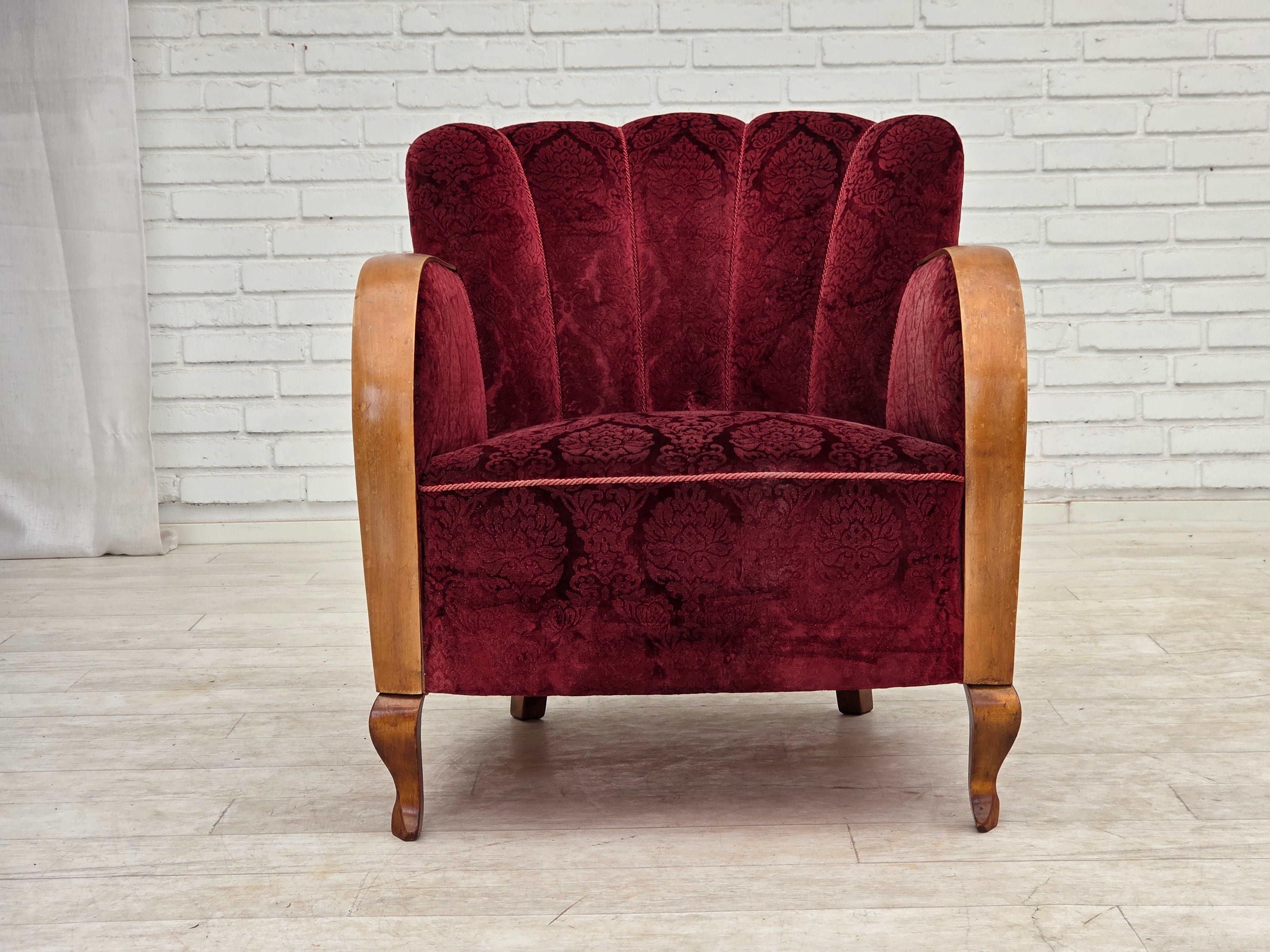 Danish_Cherry_Red_Velour_Lounge_Chair_with_Bent_Beechwood_Frame,_1960s