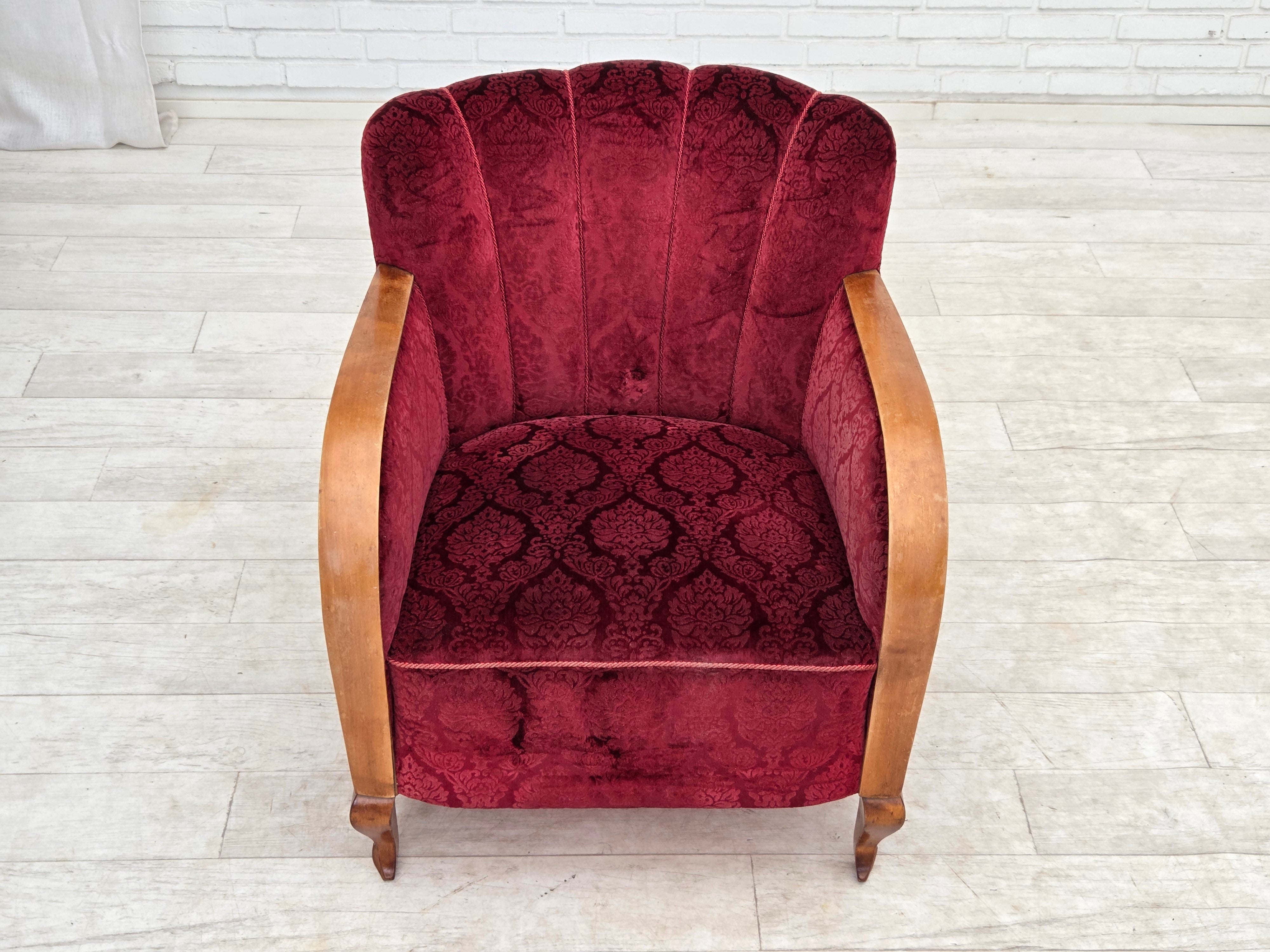 Danish_Cherry_Red_Velour_Lounge_Chair_with_Bent_Beechwood_Frame,_1960s