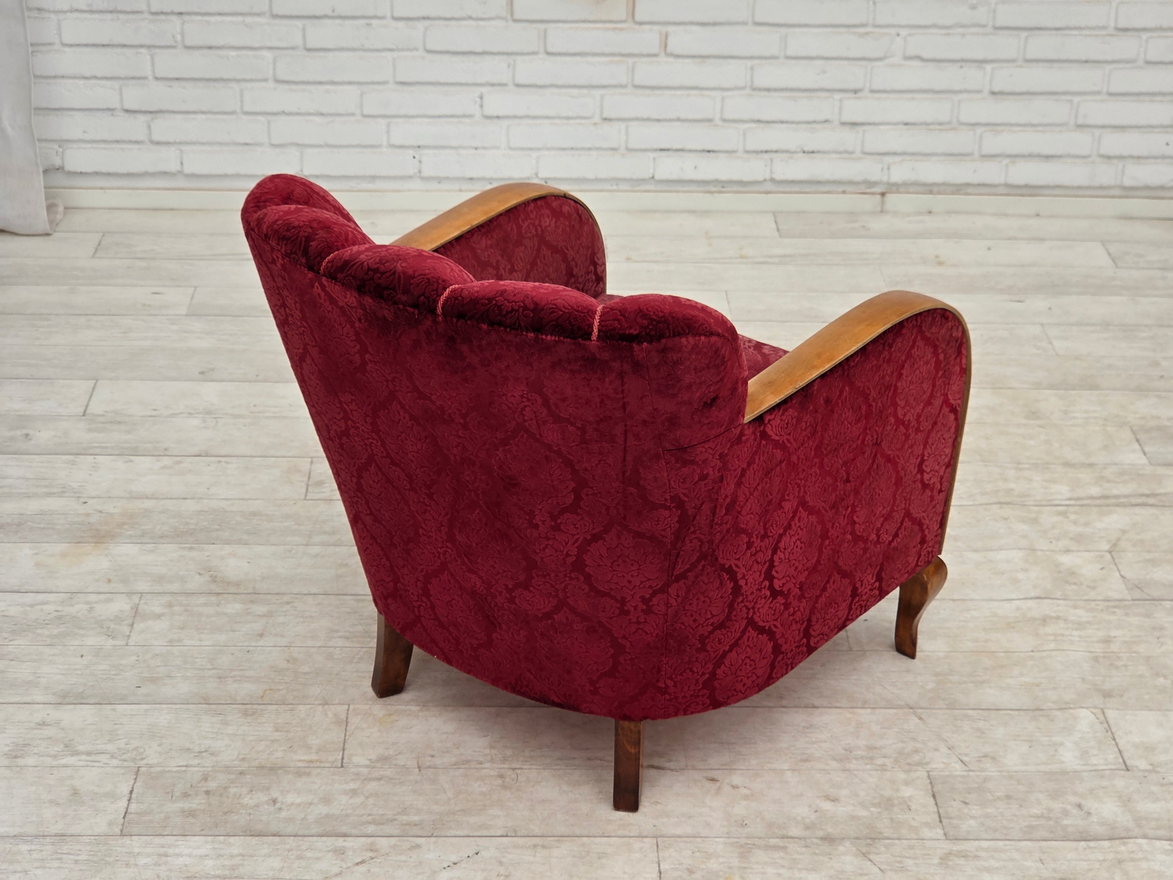 Danish_Cherry_Red_Velour_Lounge_Chair_with_Bent_Beechwood_Frame,_1960s