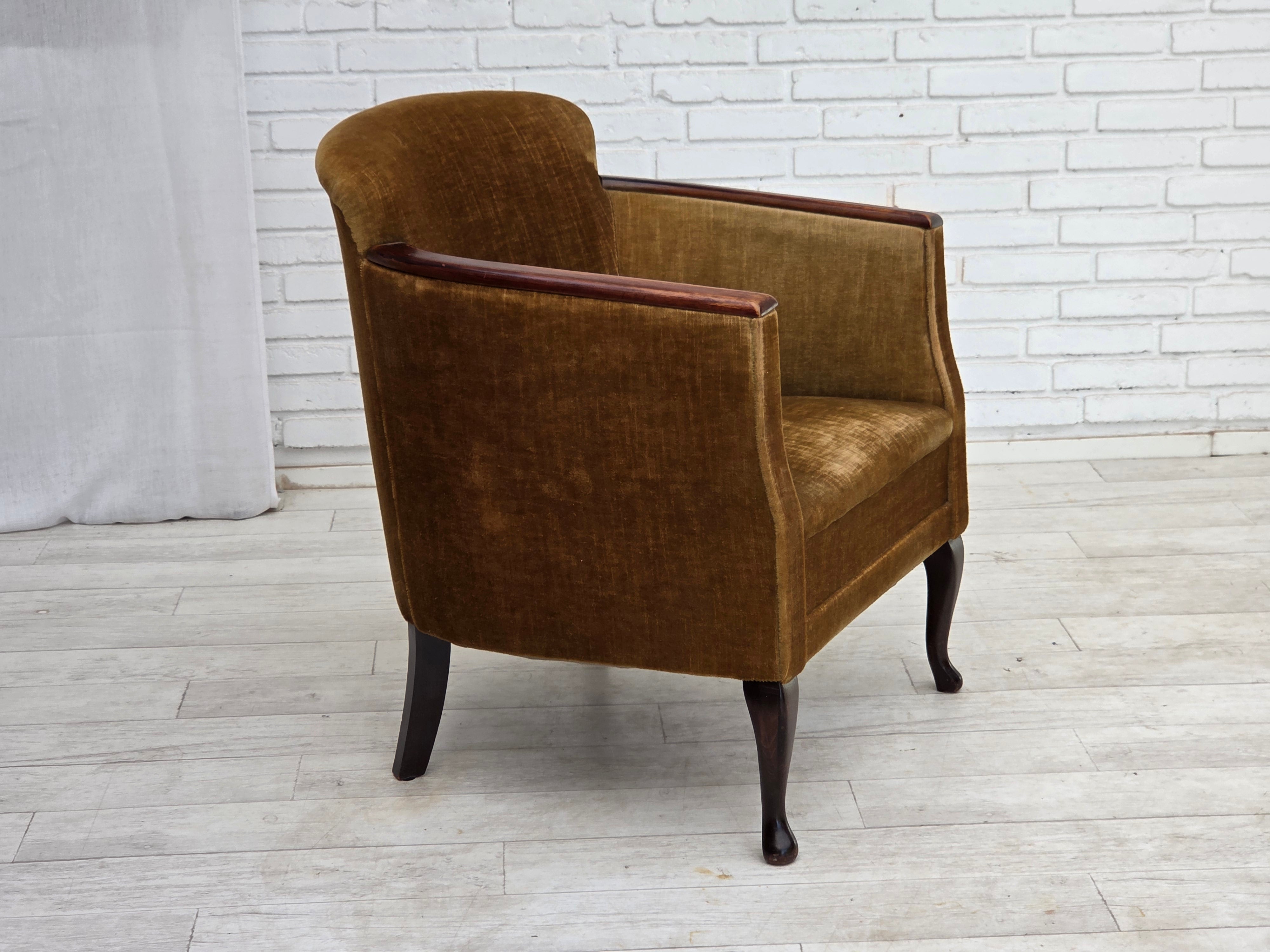 Danish_Armchair_in_Green_Velour_with_Ash_Wood_and_Brass_Springs,_Denmark,_1950s