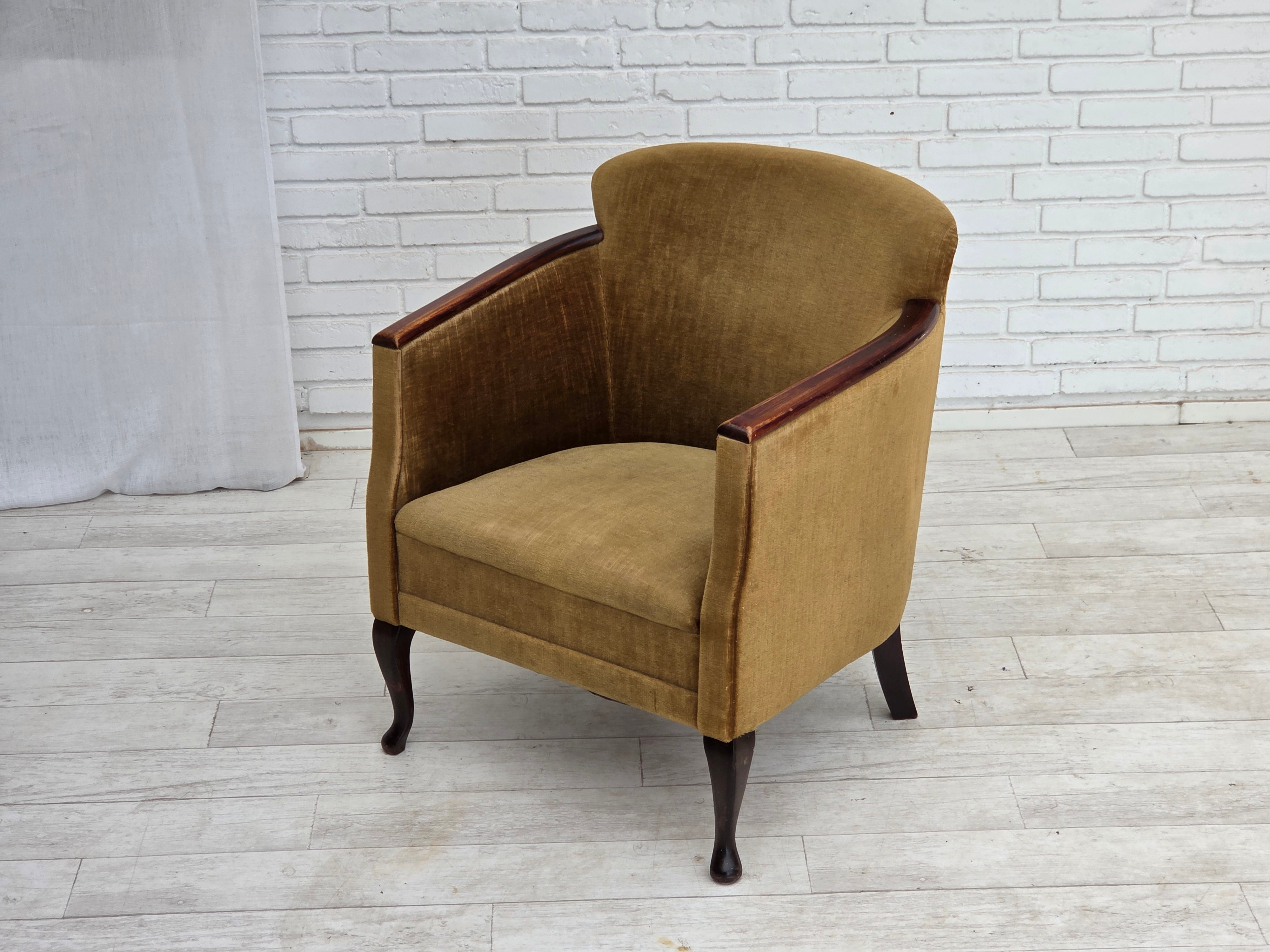 Danish_Armchair_in_Green_Velour_with_Ash_Wood_and_Brass_Springs,_Denmark,_1950s