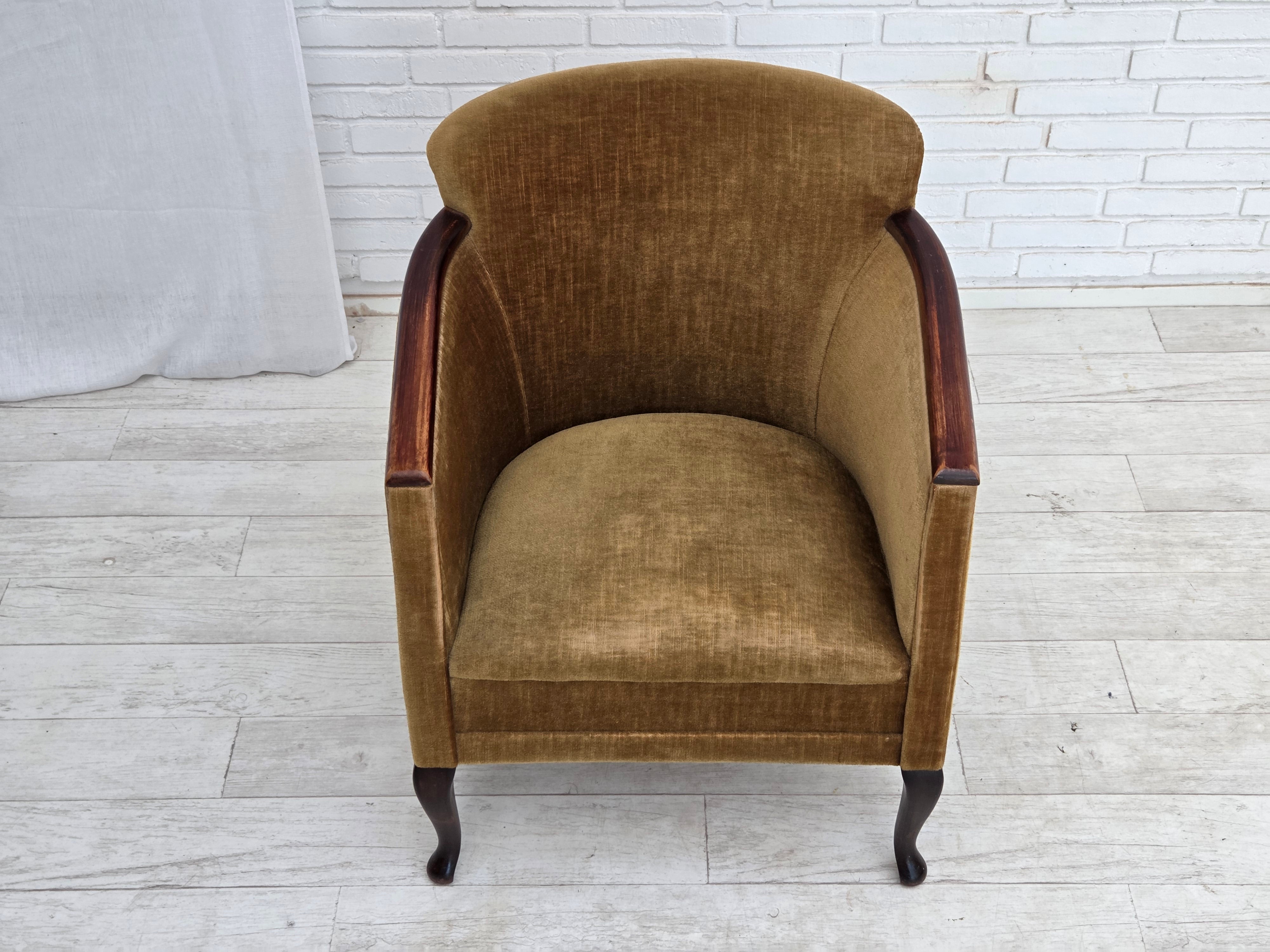 Danish_Armchair_in_Green_Velour_with_Ash_Wood_and_Brass_Springs,_Denmark,_1950s