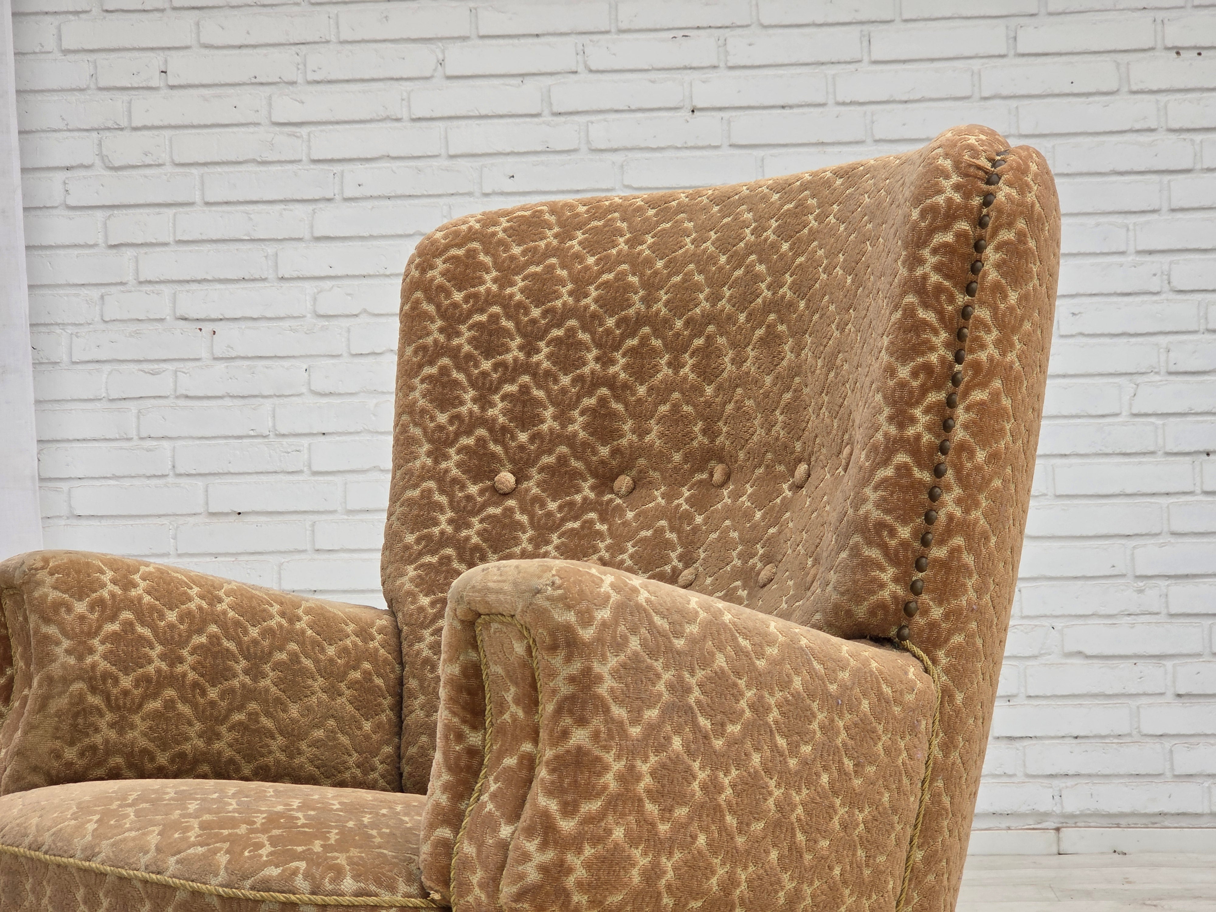 1960s_Danish_Armchair_in_Green_and_Brown_Velour_with_Beech_and_Brass_Details