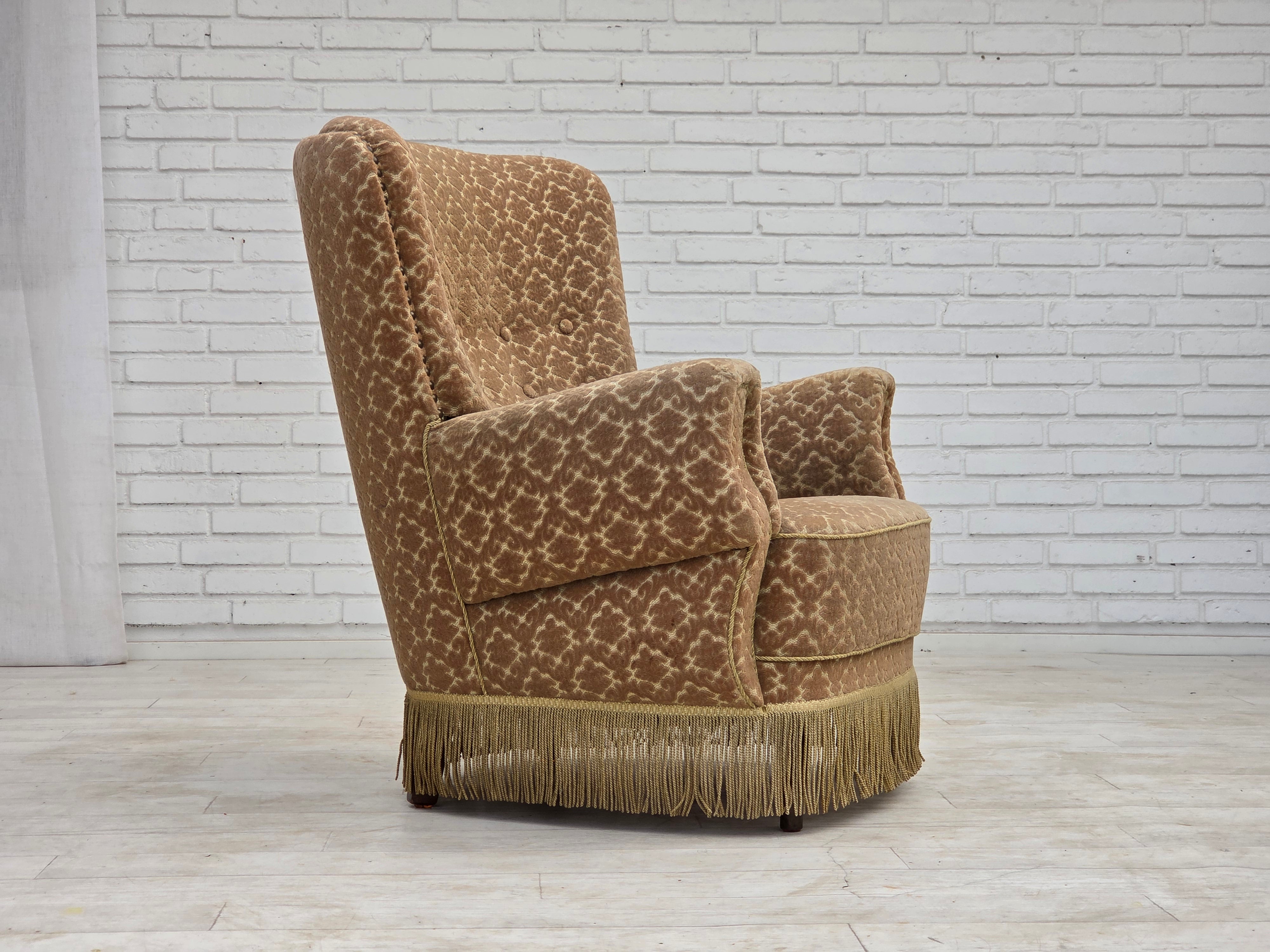1960s_Danish_Armchair_in_Green_and_Brown_Velour_with_Beech_and_Brass_Details