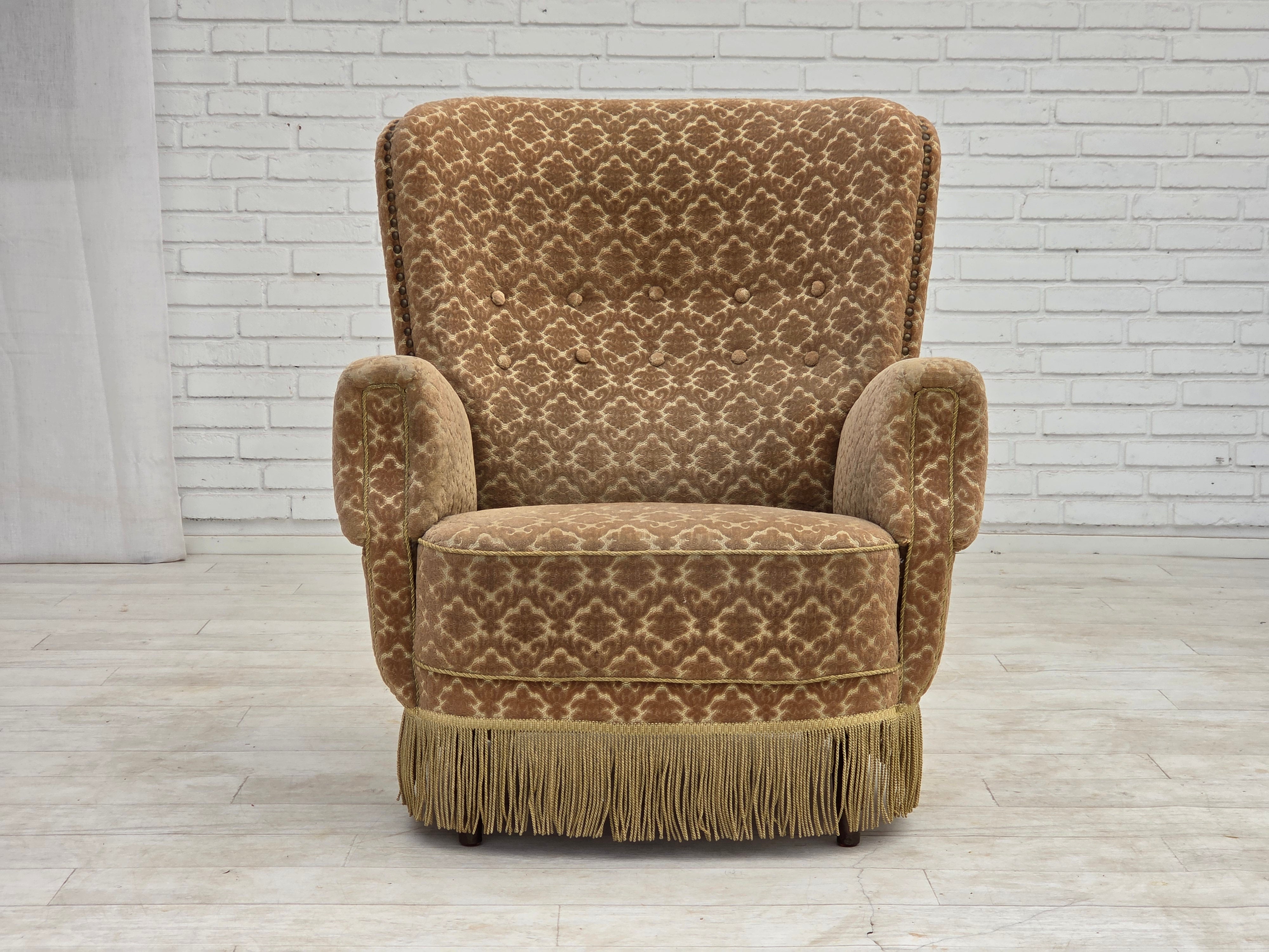 1960s_Danish_Armchair_in_Green_and_Brown_Velour_with_Beech_and_Brass_Details