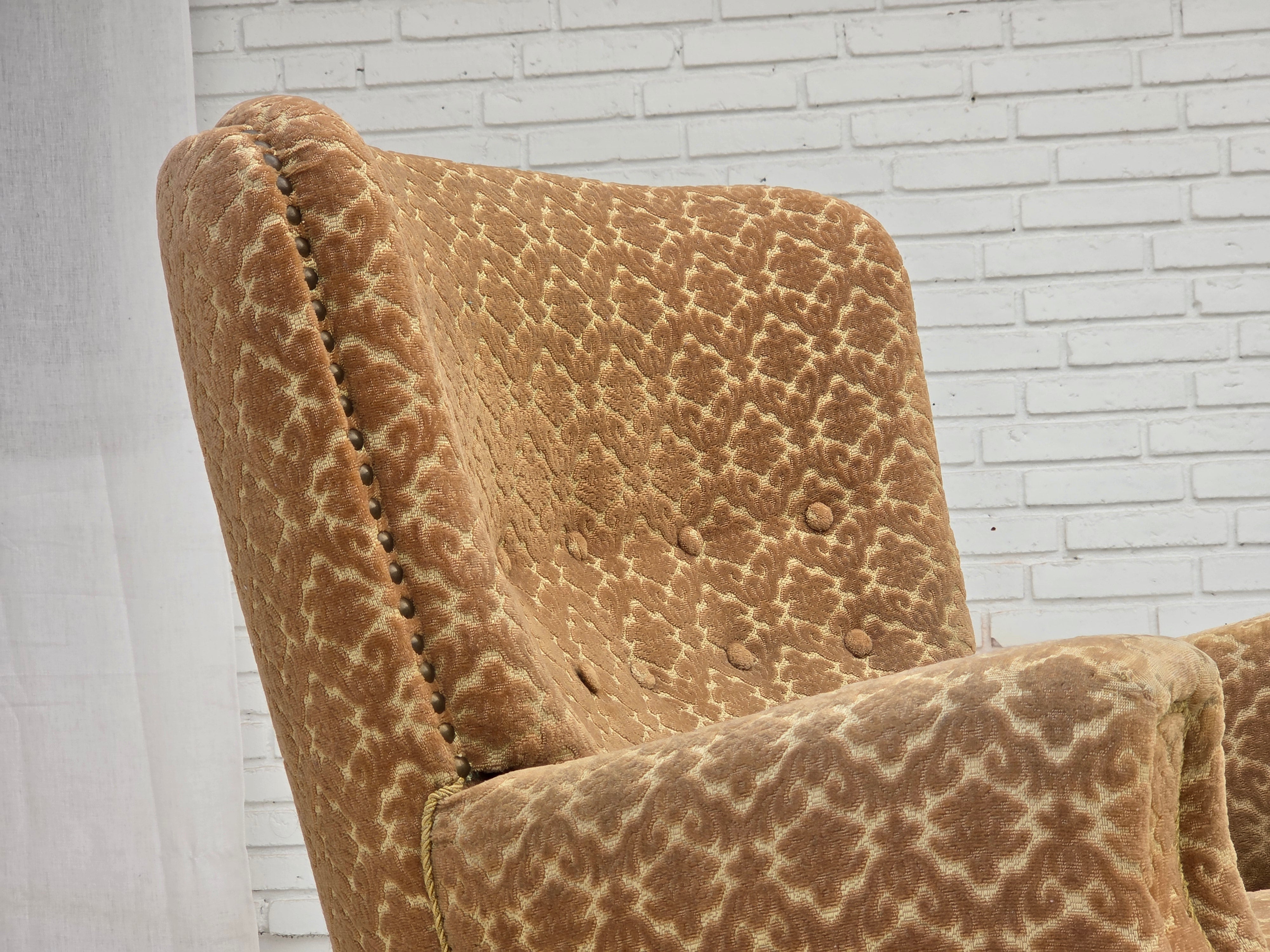 1960s_Danish_Armchair_in_Green_and_Brown_Velour_with_Beech_and_Brass_Details