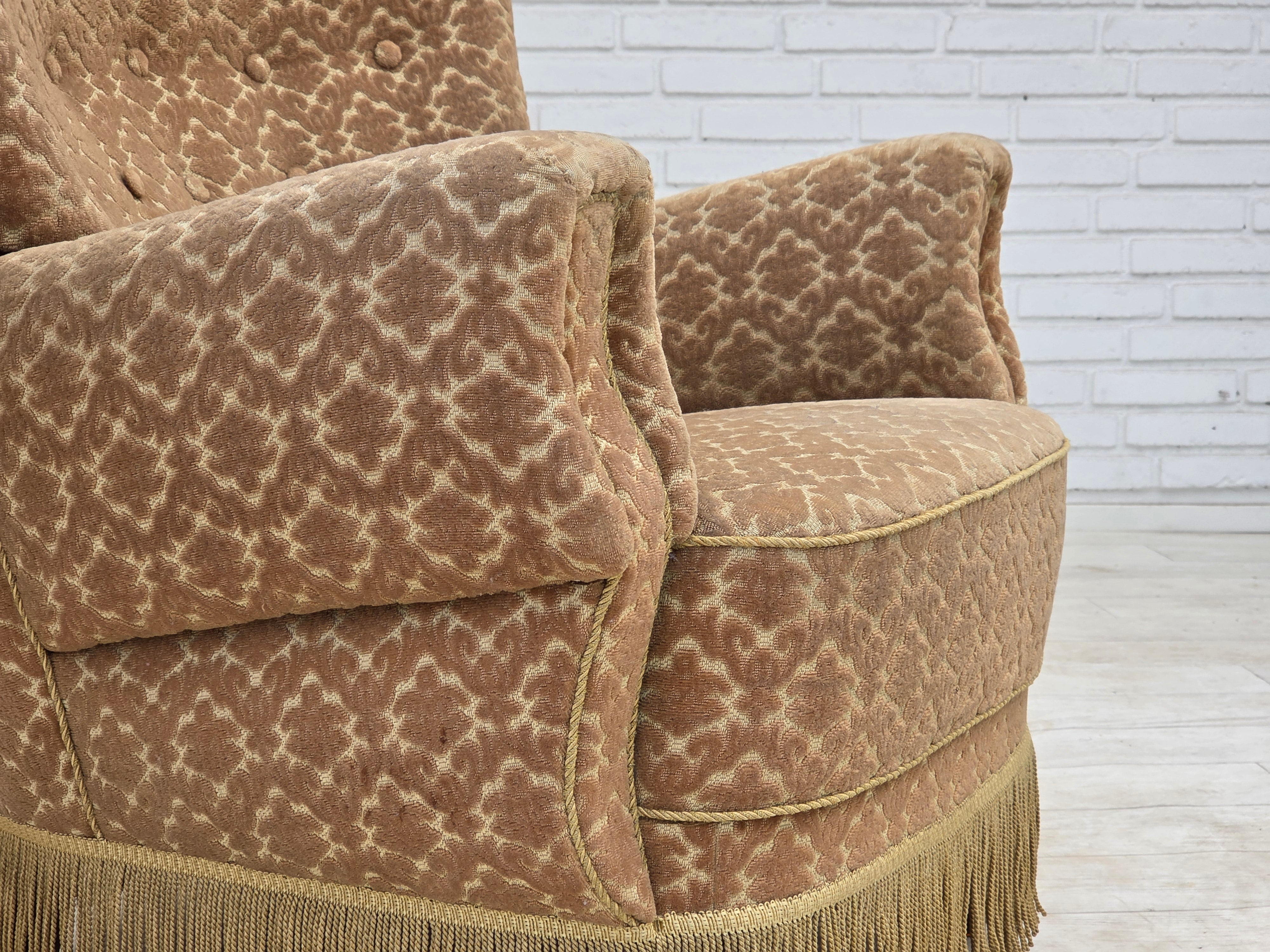 1960s_Danish_Armchair_in_Green_and_Brown_Velour_with_Beech_and_Brass_Details
