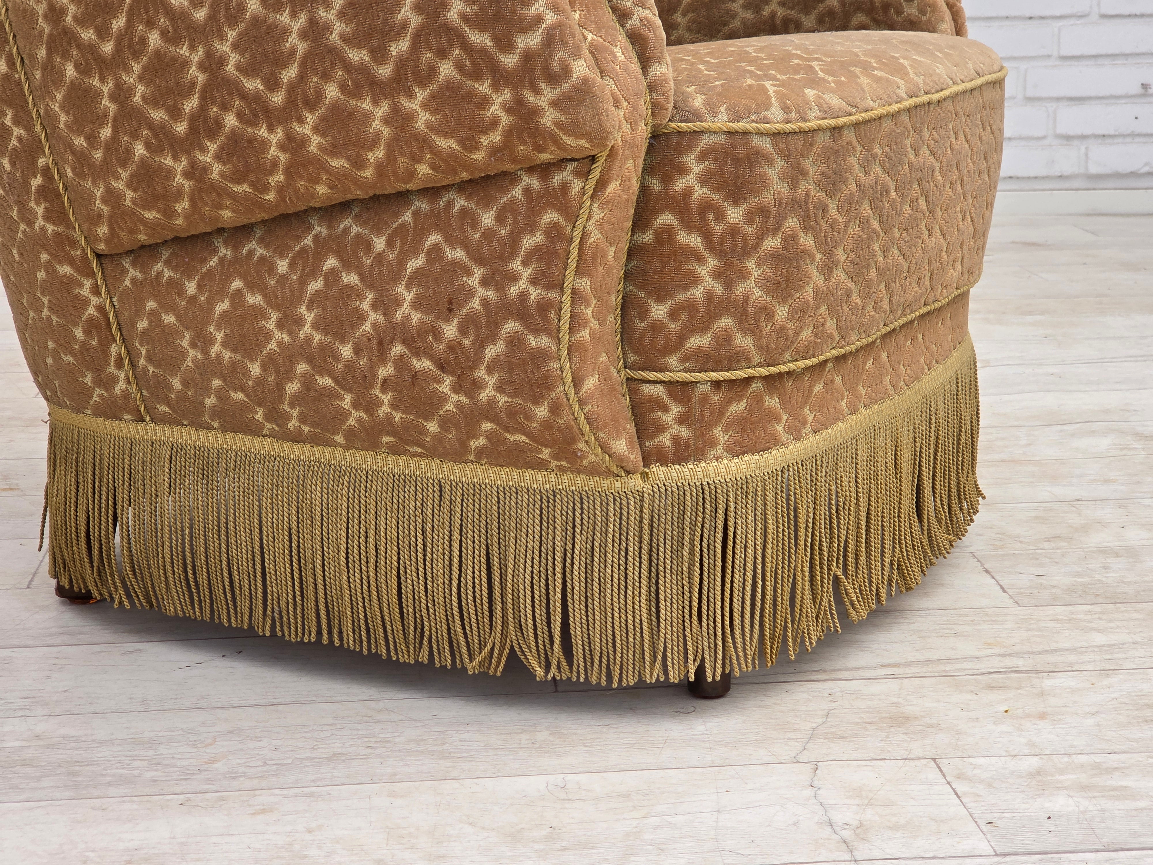 1960s_Danish_Armchair_in_Green_and_Brown_Velour_with_Beech_and_Brass_Details