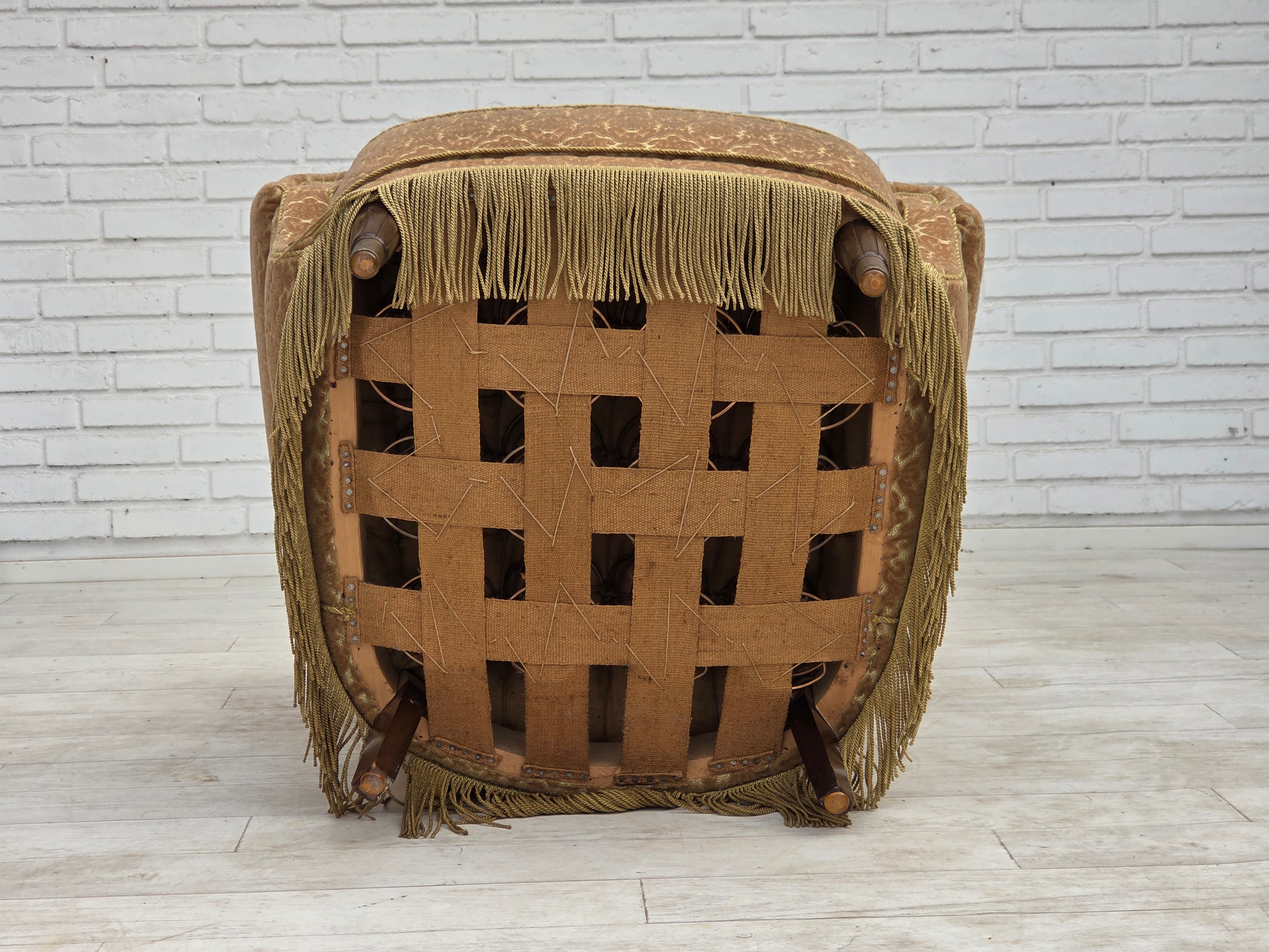 1960s_Danish_Armchair_in_Green_and_Brown_Velour_with_Beech_and_Brass_Details
