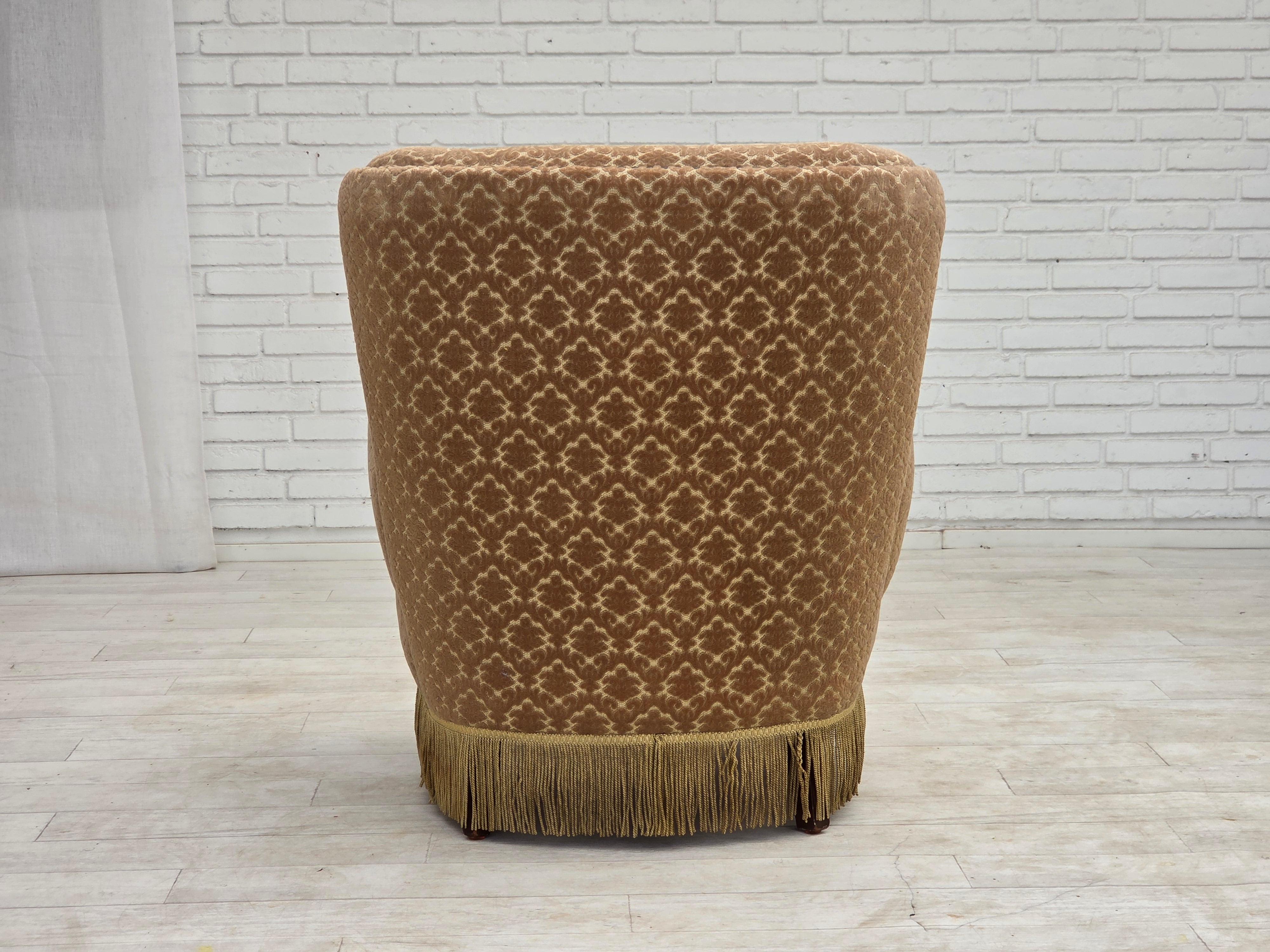 1960s_Danish_Armchair_in_Green_and_Brown_Velour_with_Beech_and_Brass_Details