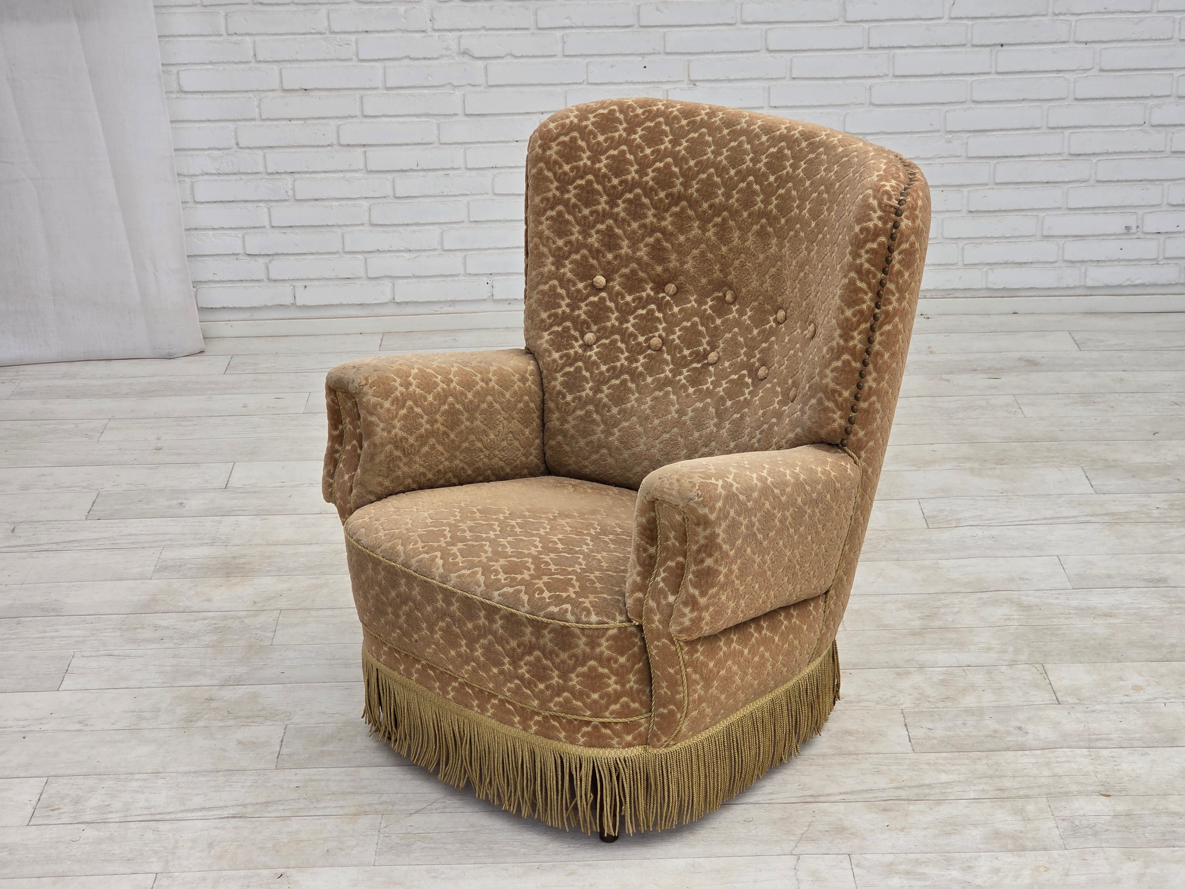 1960s_Danish_Armchair_in_Green_and_Brown_Velour_with_Beech_and_Brass_Details