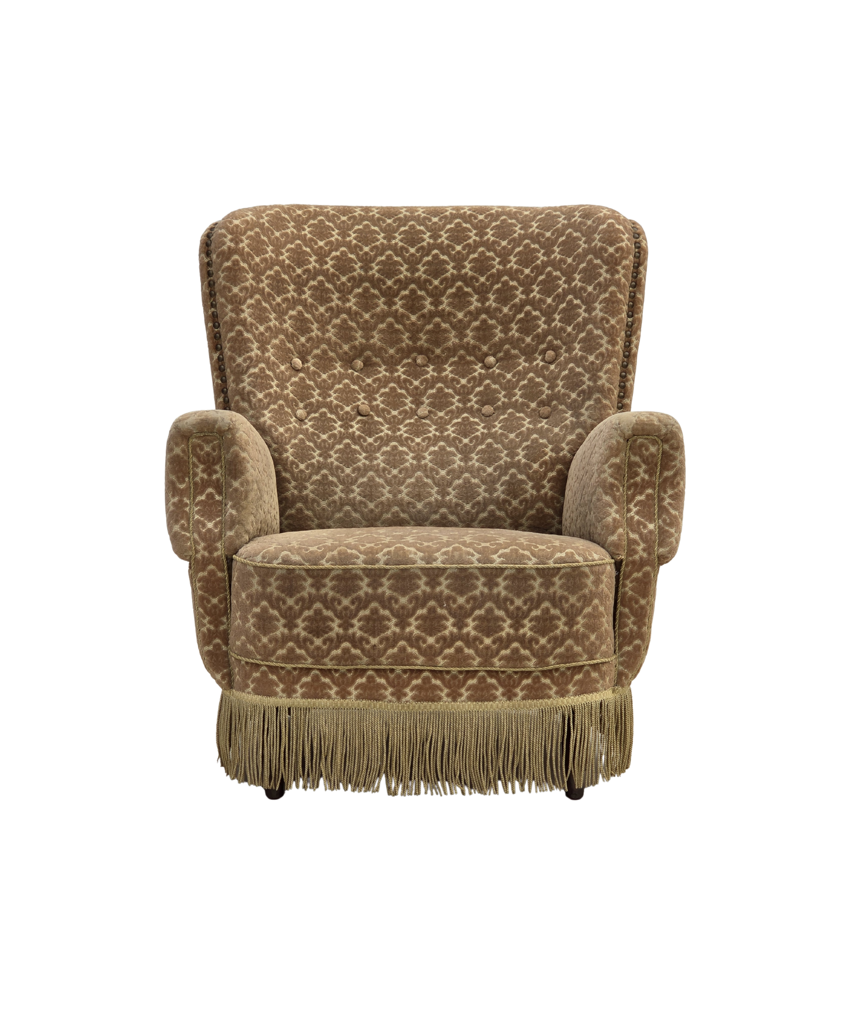 1960s_Danish_Armchair_in_Green_and_Brown_Velour_with_Beech_and_Brass_Details