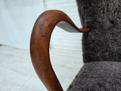 Danish_Mid-Century_Modern_Beech_Armchair_with_Genuine_Sheepskin_Upholstery_and_Leather_Buttons,_1960s