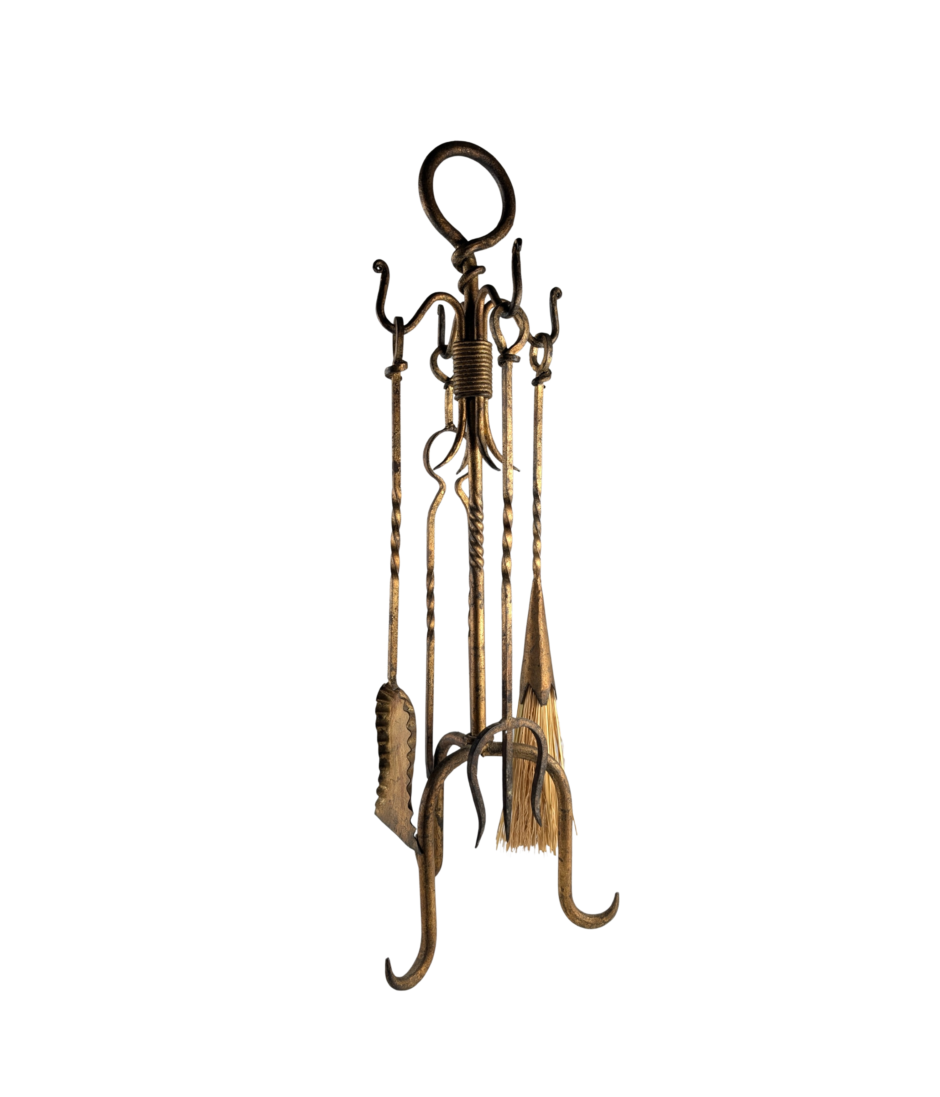 1960s_Hand-Forged_Wrought_Iron_Fireplace_Tool_Set_with_Gilt_Finish