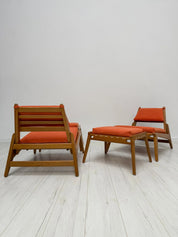 Set_of_2_Hunting_Lounge_Chairs_with_Ottomans_by_Heinz_Heger_for_PGH_Annaberg-Buchholz,_Oak_and_Orange_Fabric,_Mid-Century_Modern