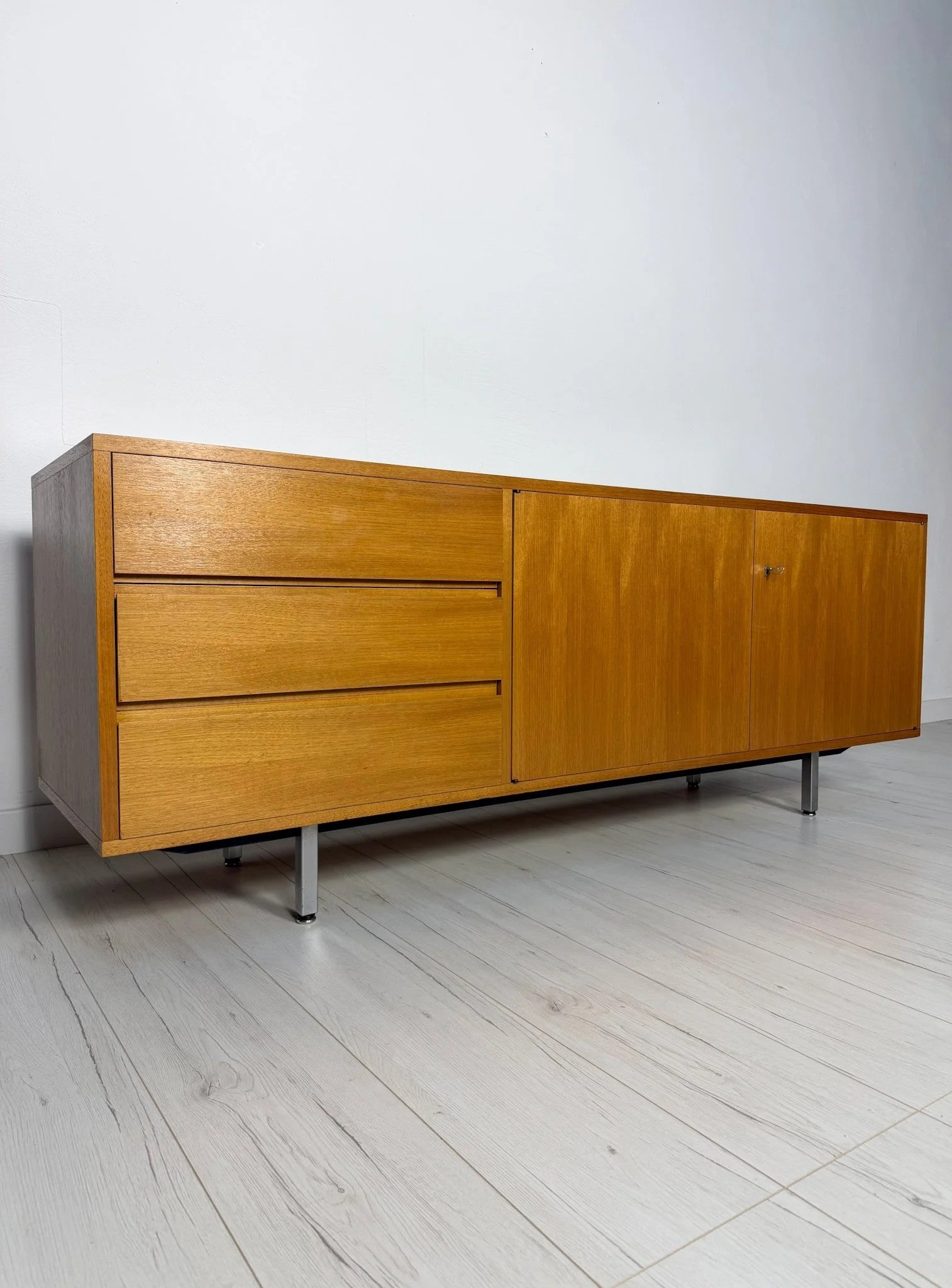 1960s_Danish_Mid-Century_Teak_Highboard_Attributed_to_Børge_Mogensen,_Oak_Base_and_Four_Drawers
