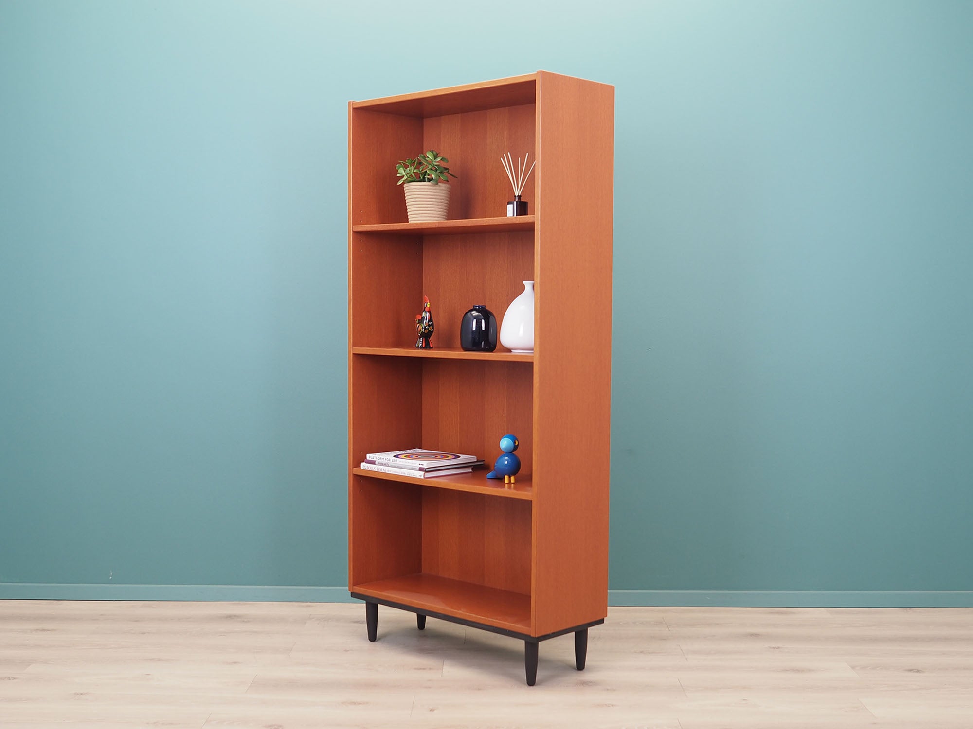 1970s_Danish_Ash_Bookcase_Orange_Stain_Adjustable_Shelves_Black-Stained_Legs