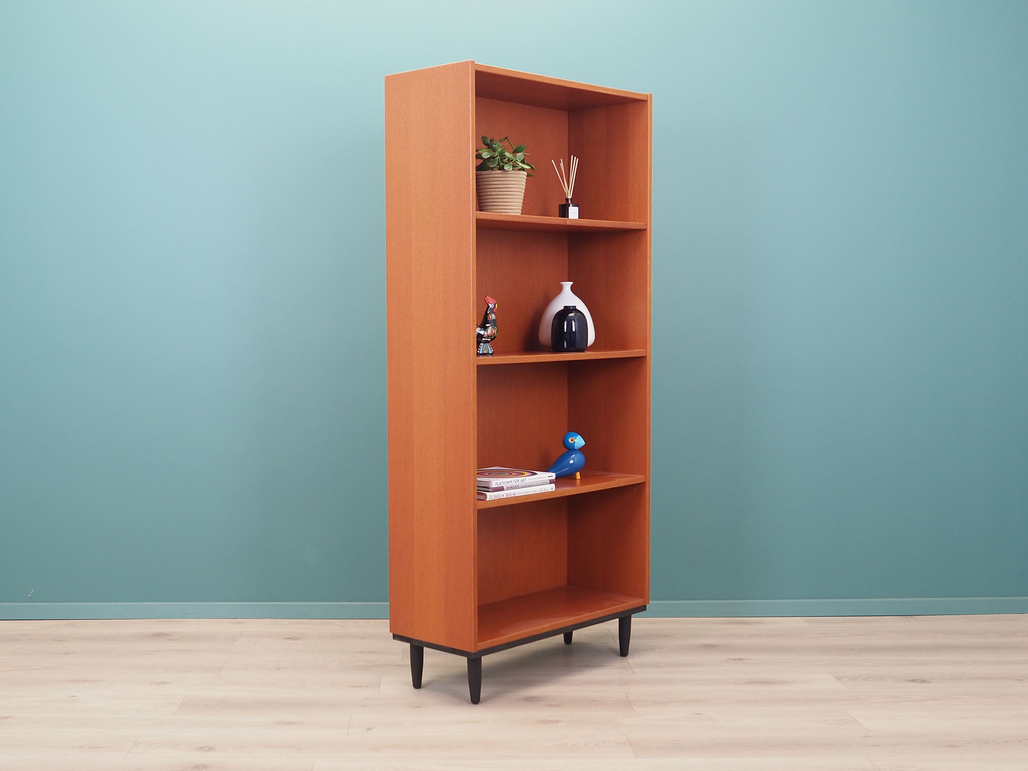 1970s_Danish_Ash_Bookcase_Orange_Stain_Adjustable_Shelves_Black-Stained_Legs