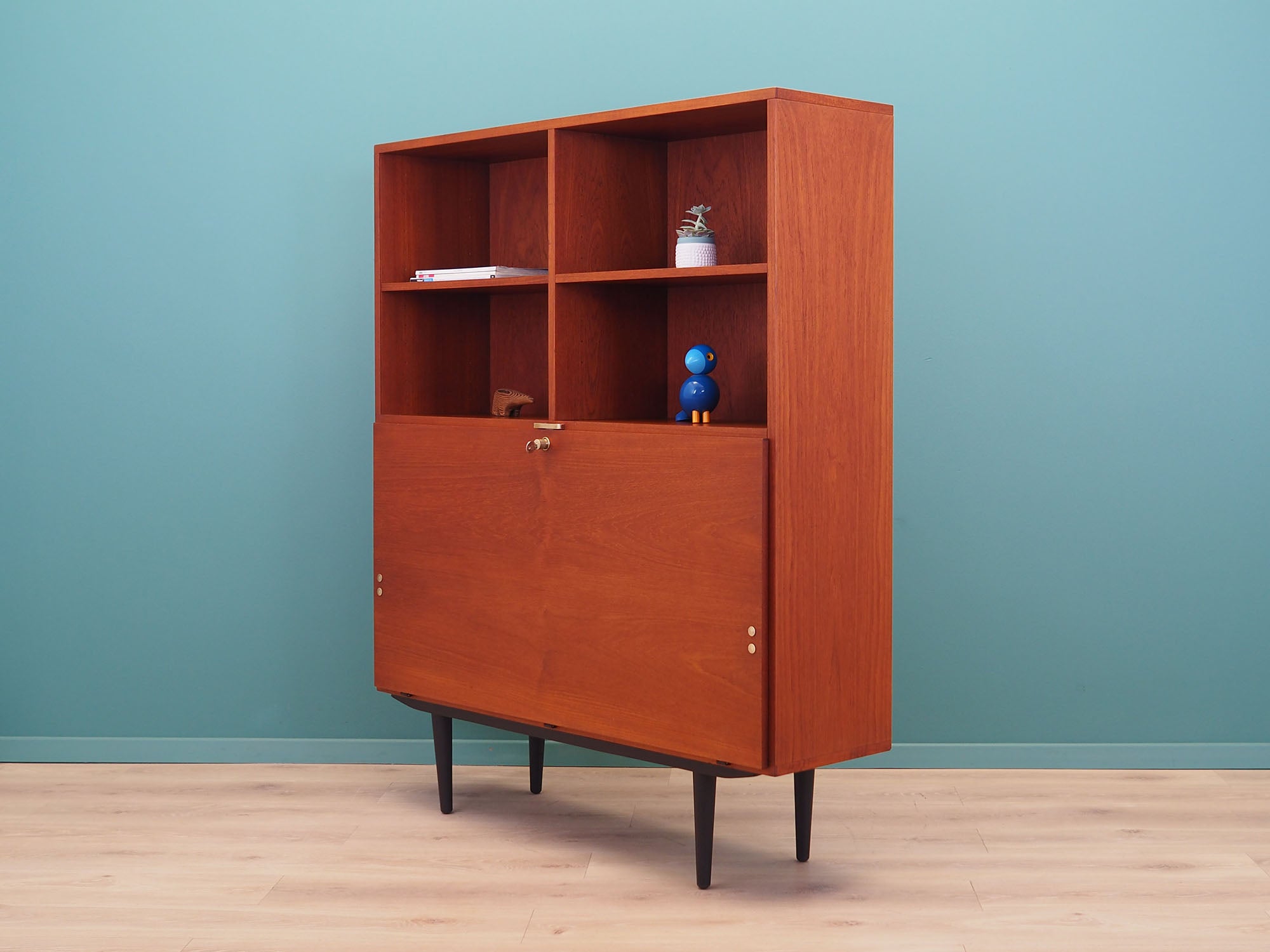 1970s_Danish_Teak_Bookcase_Adjustable_Shelves_Bar_Section_Cable_Openings