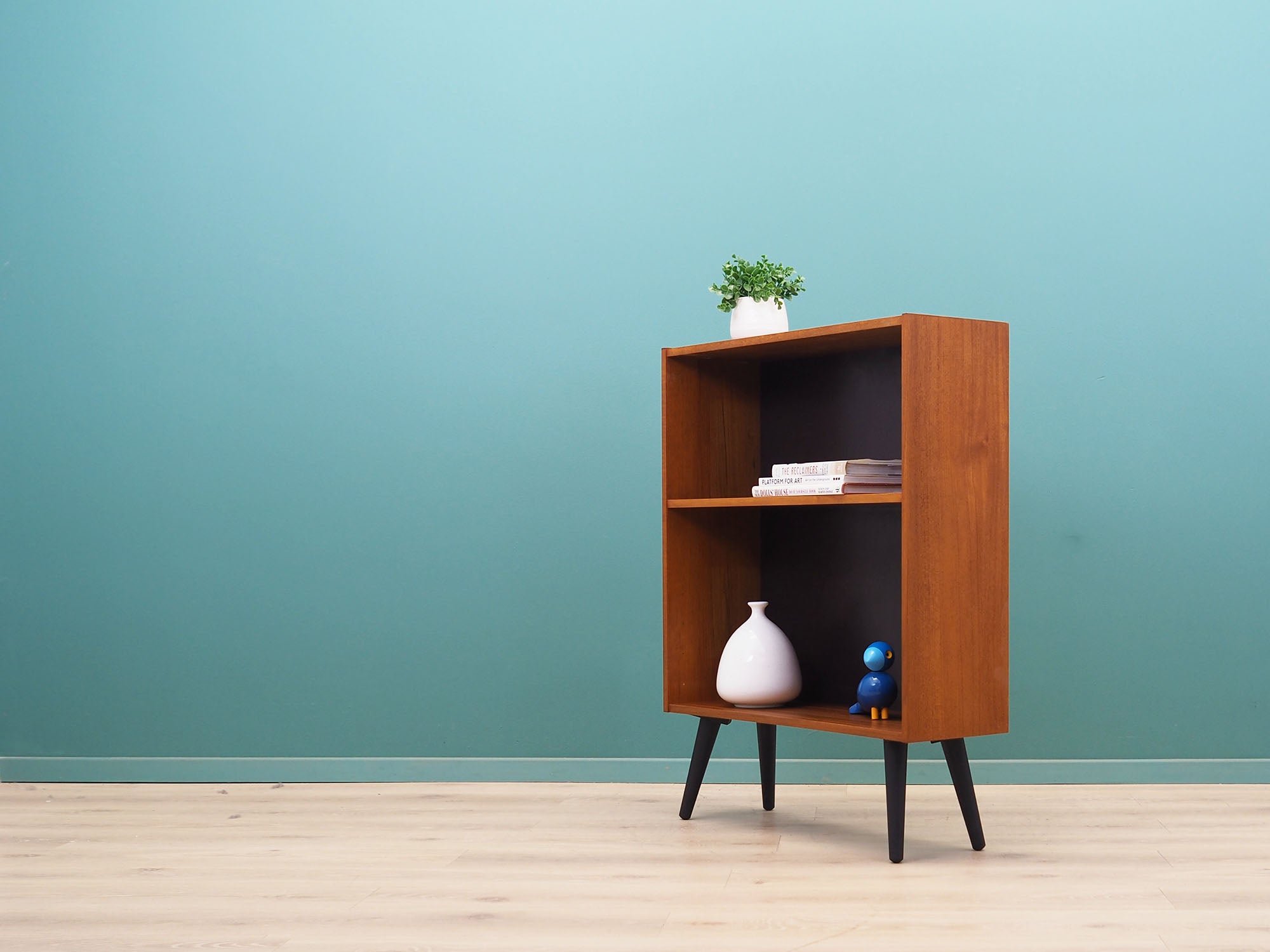 1970s_Danish_Teak_Bookcase_Fixed_Shelf_Black-Stained_Solid_Wood_Legs