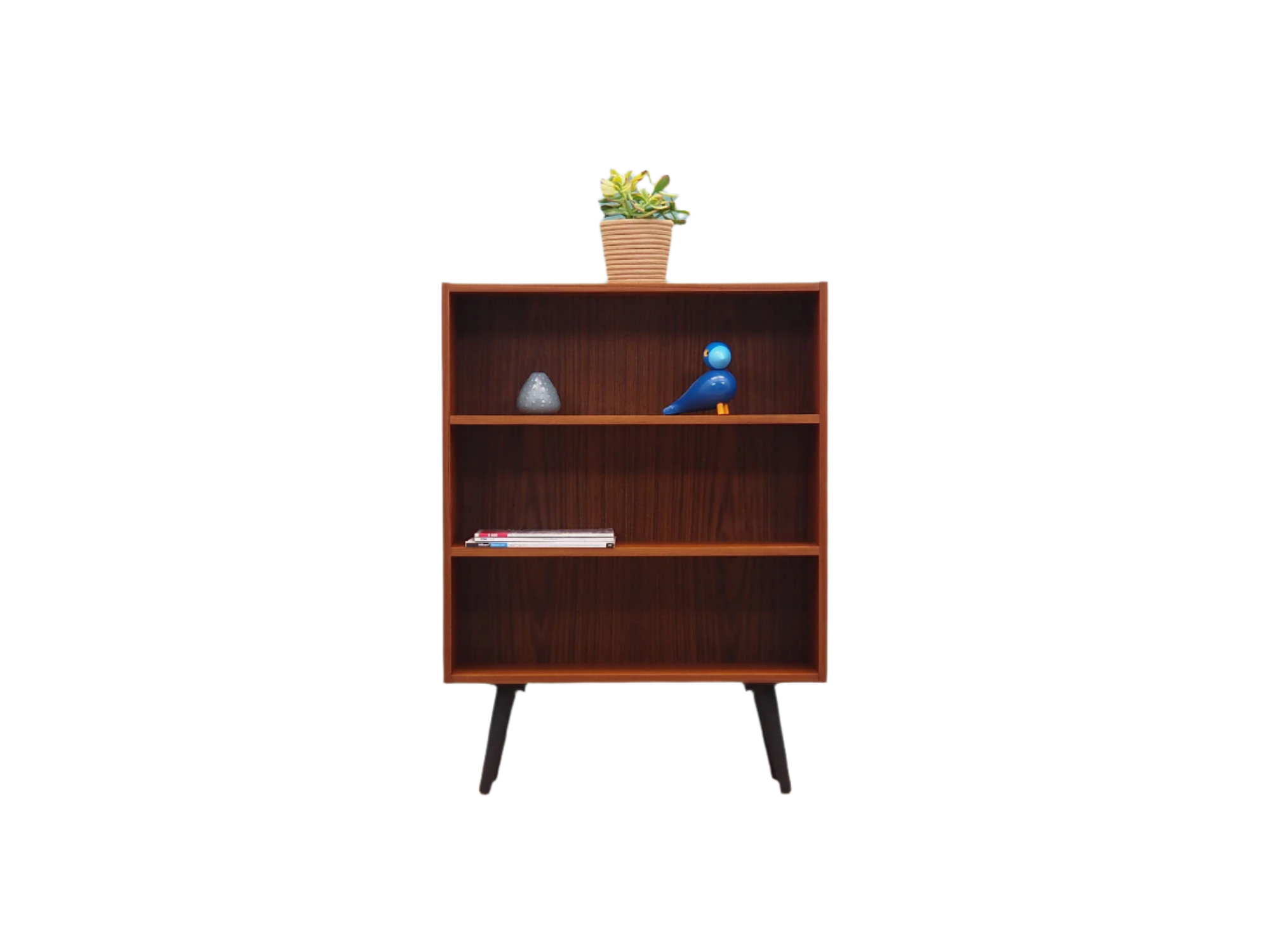 1970s_Danish_Teak_Bookcase_Fixed_Shelves_Black-Stained_Solid_Wood_Legs