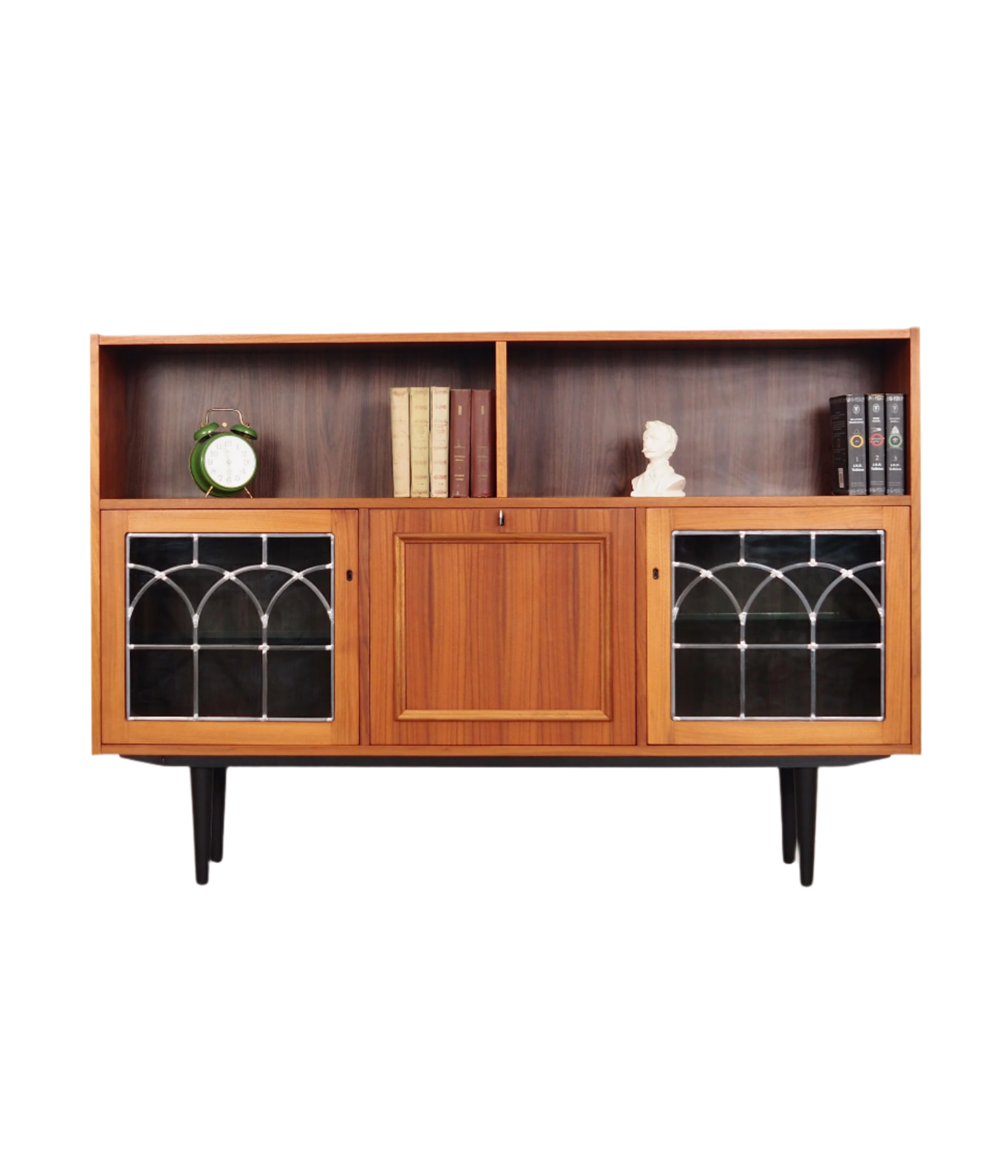 1970s_Danish_Teak_Bookcase_Glass_Shelves_Integrated_Bar_Mirror_Lighting