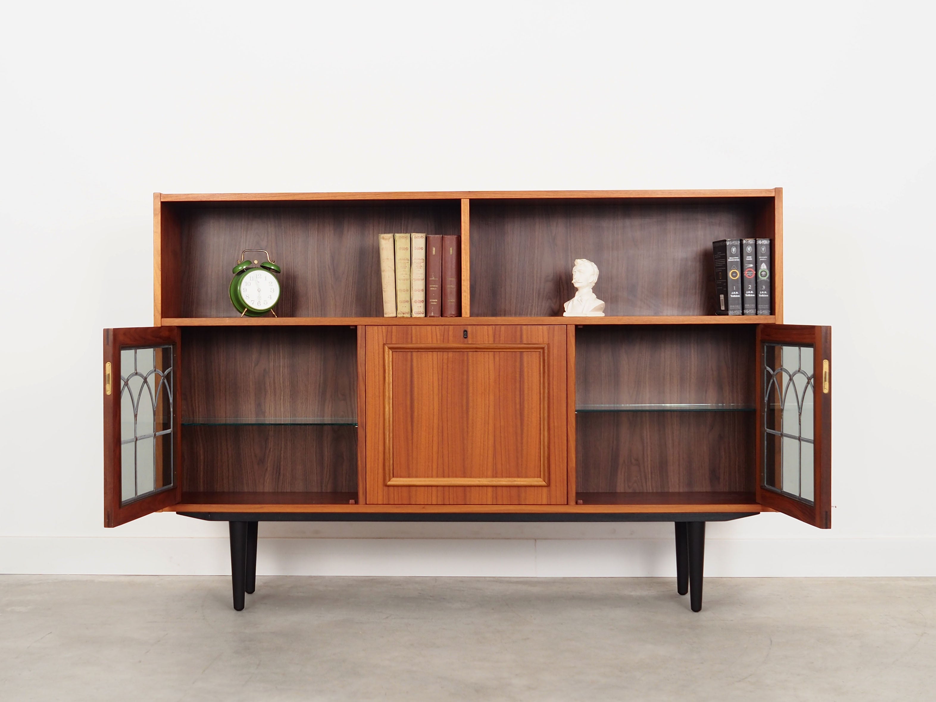 1970s_Danish_Teak_Bookcase_Glass_Shelves_Integrated_Bar_Mirror_Lighting