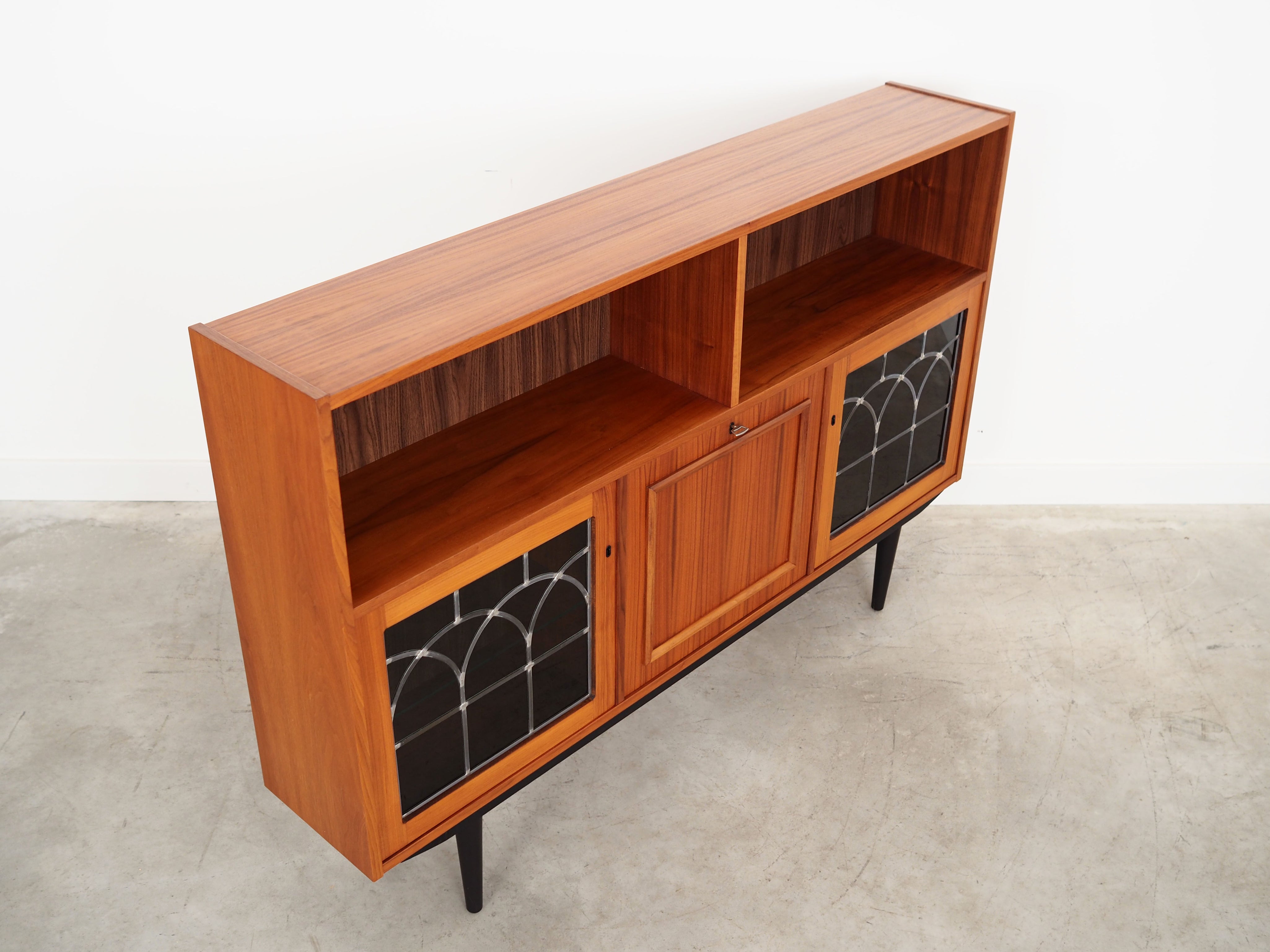1970s_Danish_Teak_Bookcase_Glass_Shelves_Integrated_Bar_Mirror_Lighting