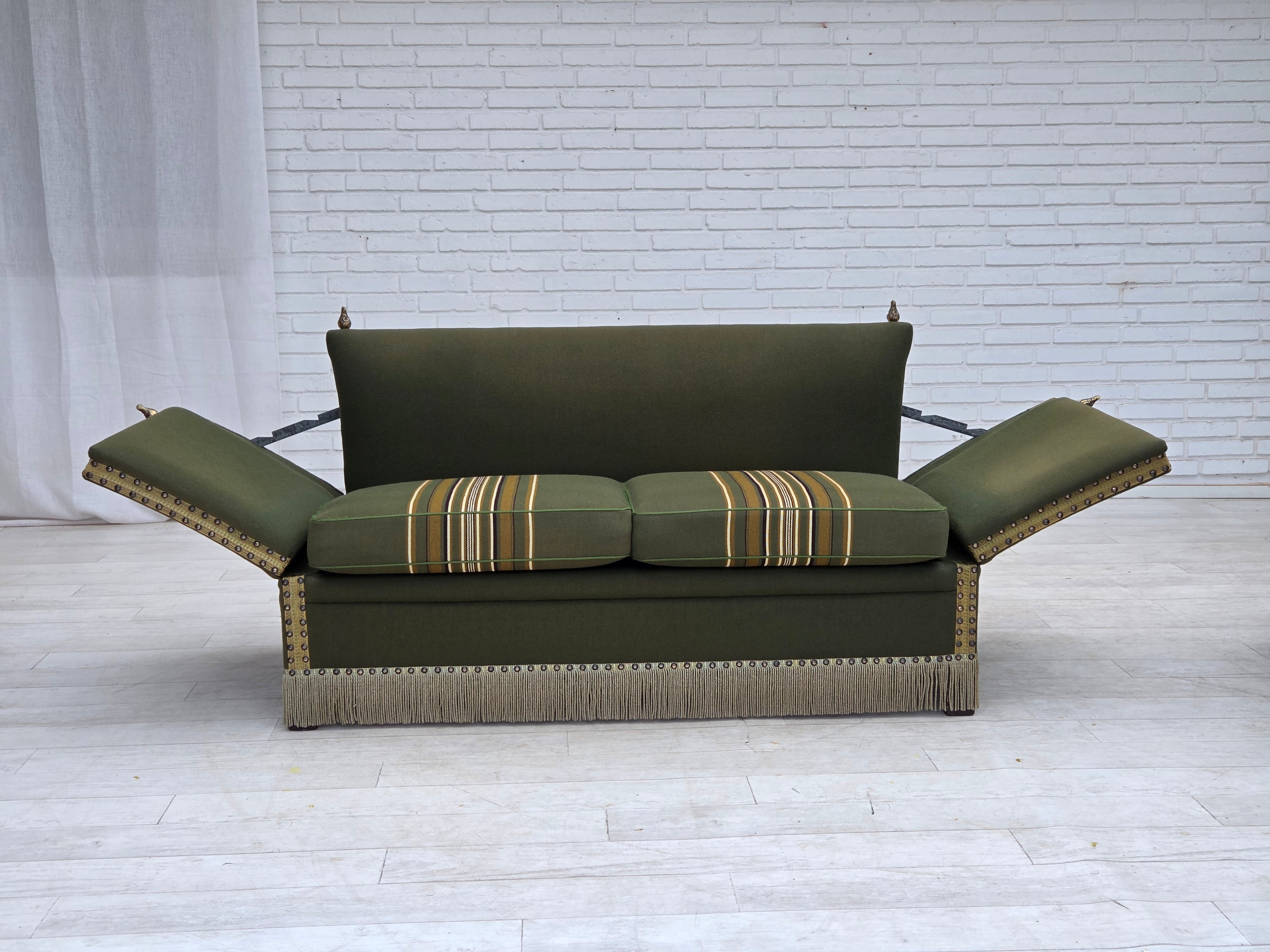 Danish_Mid-Century_Modern_Spanish-Style_Drop-Arm_Two-Seater_Sofa_with_Green_Wool_Upholstery,_1970s